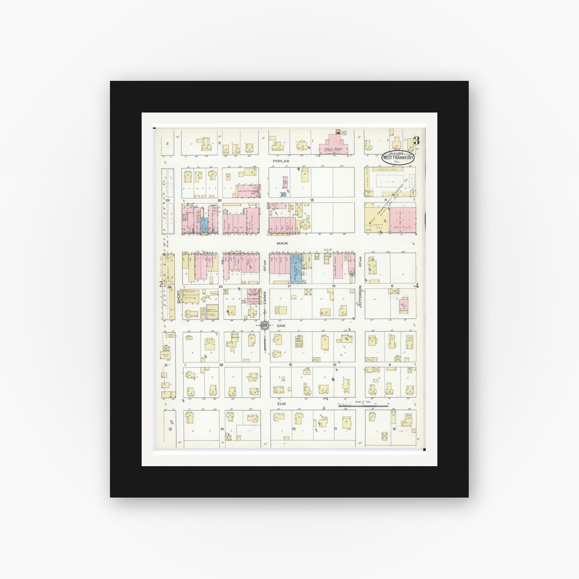 Old map wall art mockup — black gallery frame with white mat — Sanborn Fire Insurance Map from West Frankfort, Franklin County, Illinois (1914), Sheet #0003
