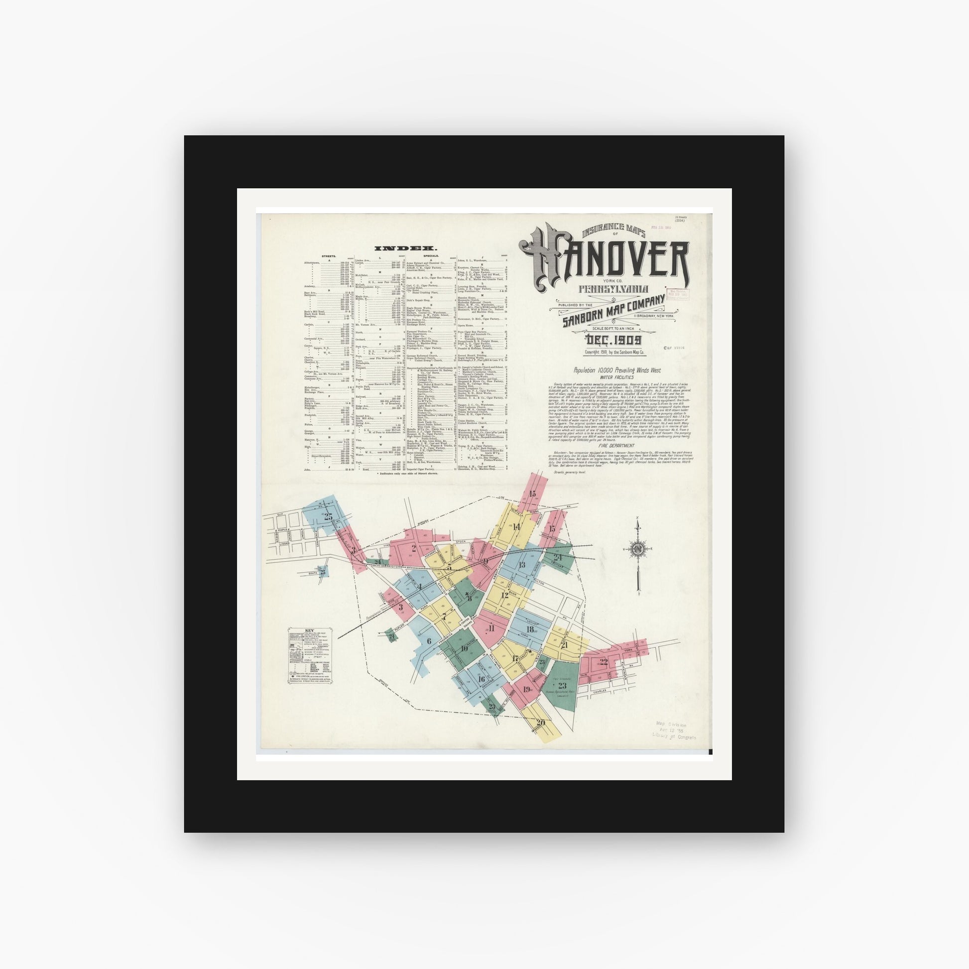 Old map wall art mockup — black gallery frame with white mat — Sanborn Fire Insurance Map from Hanover, York County, Pennsylvania (1909) - Complete Map Set