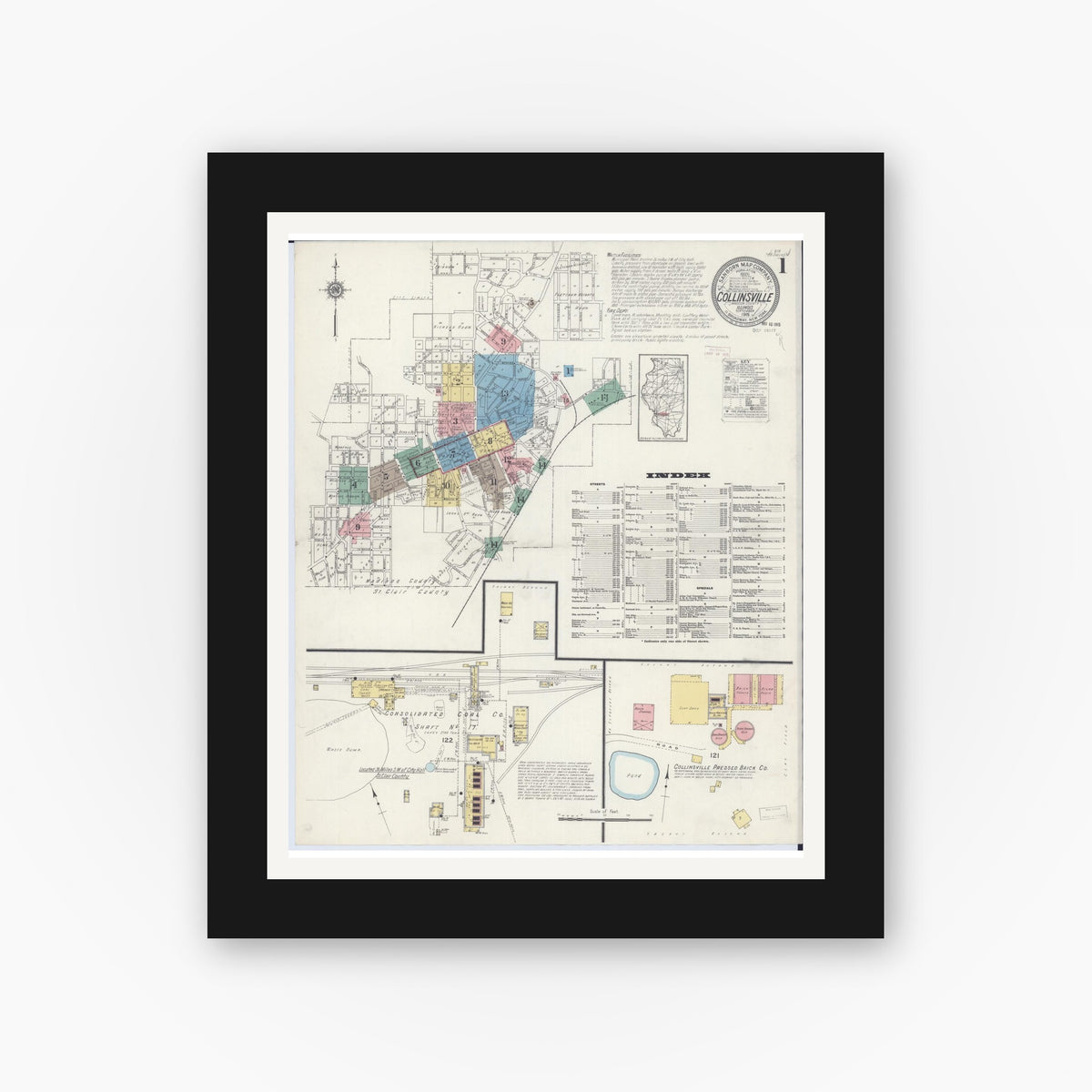 Old map wall art mockup — black gallery frame with white mat — Sanborn Fire Insurance Map from Collinsville, Madison County, Illinois (1915), Sheet #0001