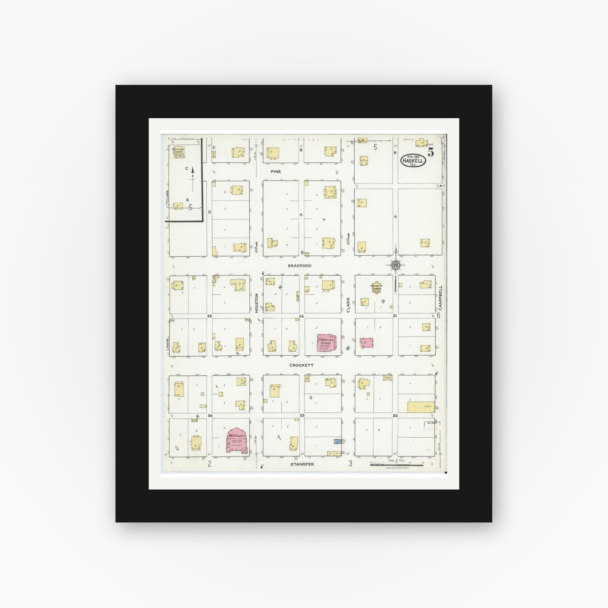 Old map wall art mockup — black gallery frame with white mat — Sanborn Fire Insurance Map from Haskell, Haskell County, Texas (1921), Sheet #0005