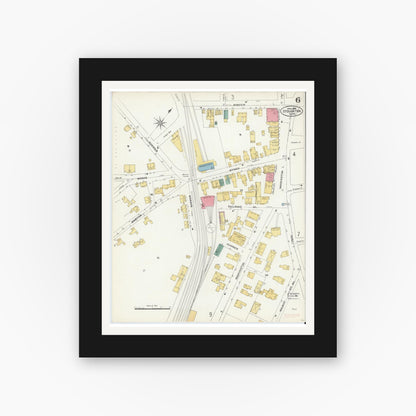 Old map wall art mockup — black gallery frame with white mat — Sanborn Fire Insurance Map from Stoughton, Norfolk County, Massachusetts (1906), Sheet #0006