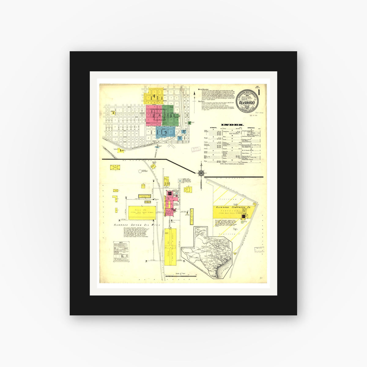 Old map wall art mockup — black gallery frame with white mat — Sanborn Fire Insurance Map from Alvarado, Johnson County, Texas (1912), Sheet #0001