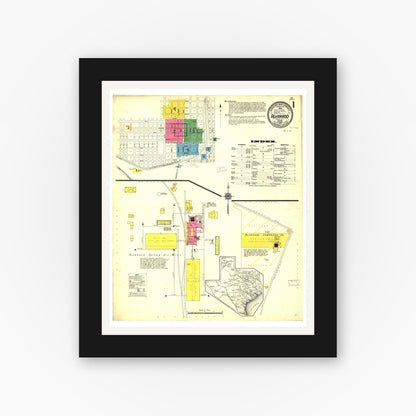 Old map wall art mockup — black gallery frame with white mat — Sanborn Fire Insurance Map from Alvarado, Johnson County, Texas (1912), Sheet #0001
