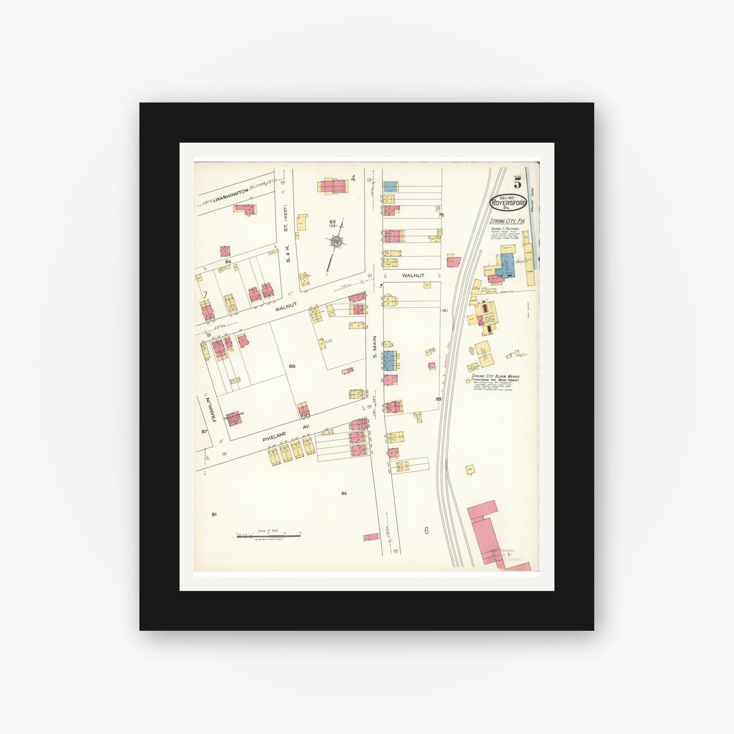 Old map wall art mockup — black gallery frame with white mat — Sanborn Fire Insurance Map from Royersford, Montgomery County, Pennsylvania (1921), Sheet #0005