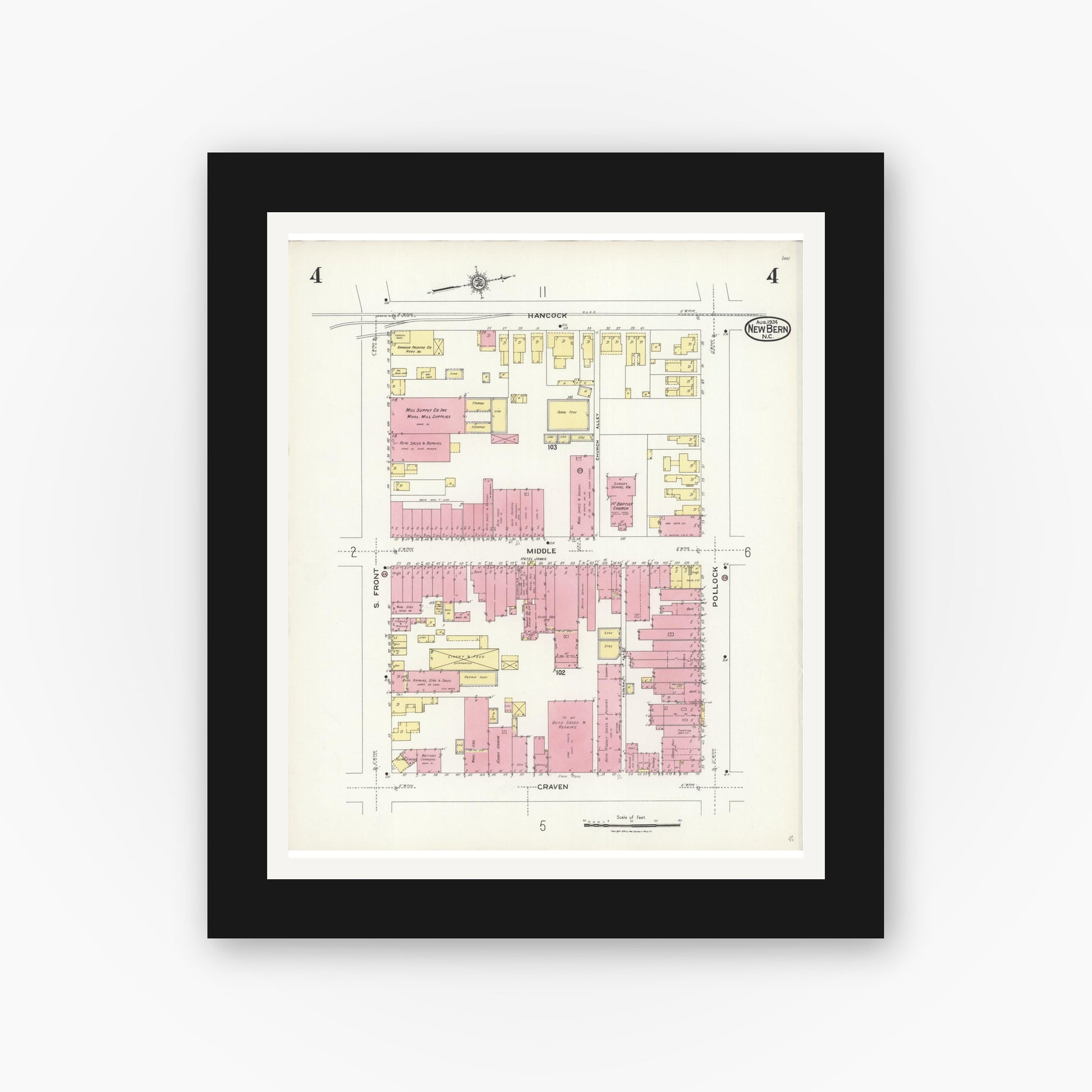 Old map wall art mockup — black gallery frame with white mat — Sanborn Fire Insurance Map from New Bern, Craven County, North Carolina (1924), Sheet #0004