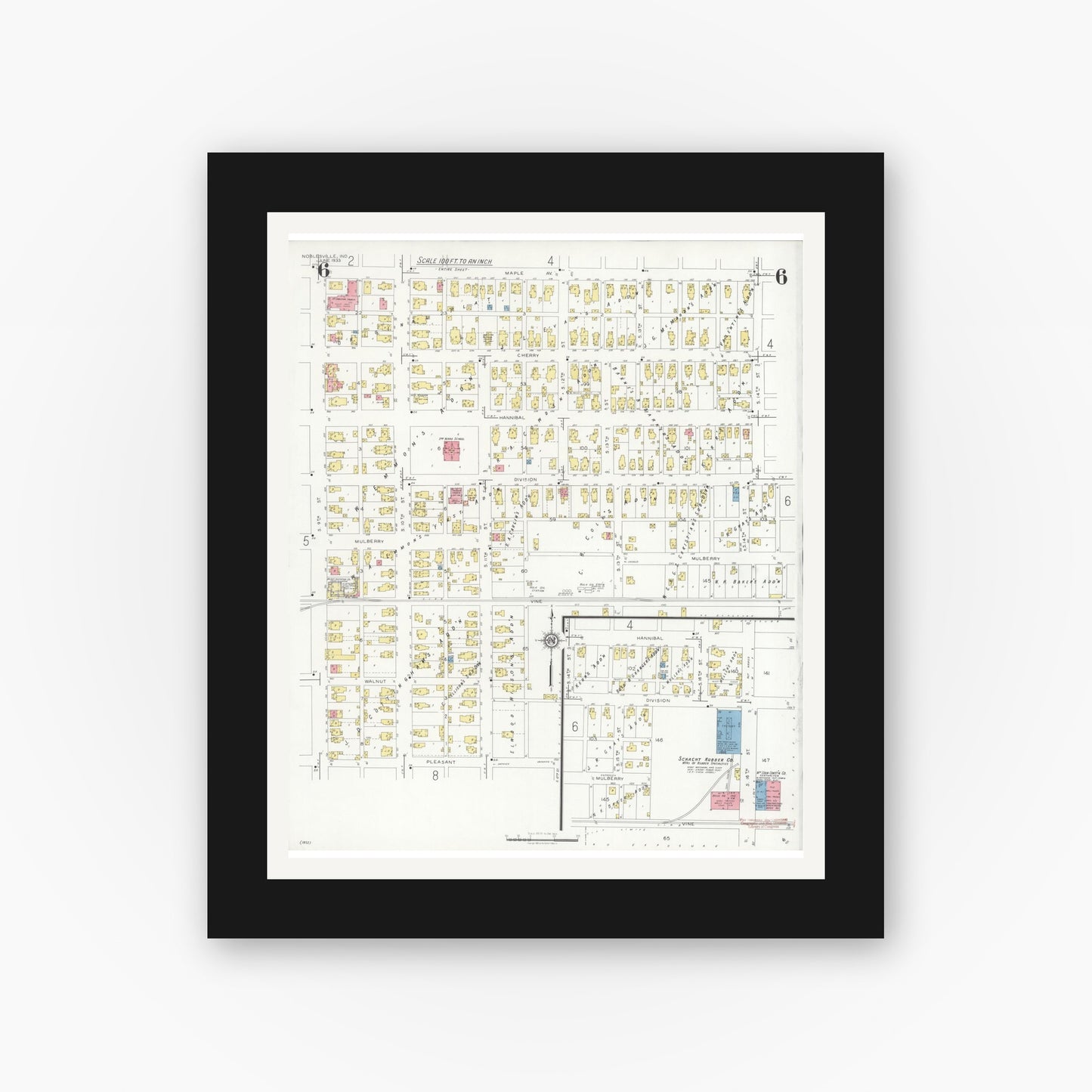 Old map wall art mockup — black gallery frame with white mat — Sanborn Fire Insurance Map from Noblesville, Hamilton County, Indiana (1933), Sheet #0006