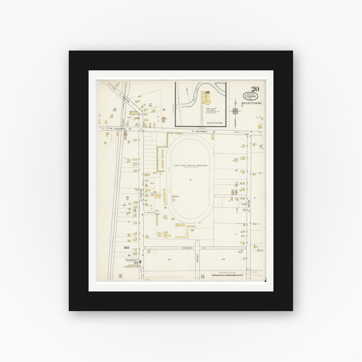 Old map wall art mockup — black gallery frame with white mat — Sanborn Fire Insurance Map from Corry, Erie County, Pennsylvania (1915), Sheet #0020