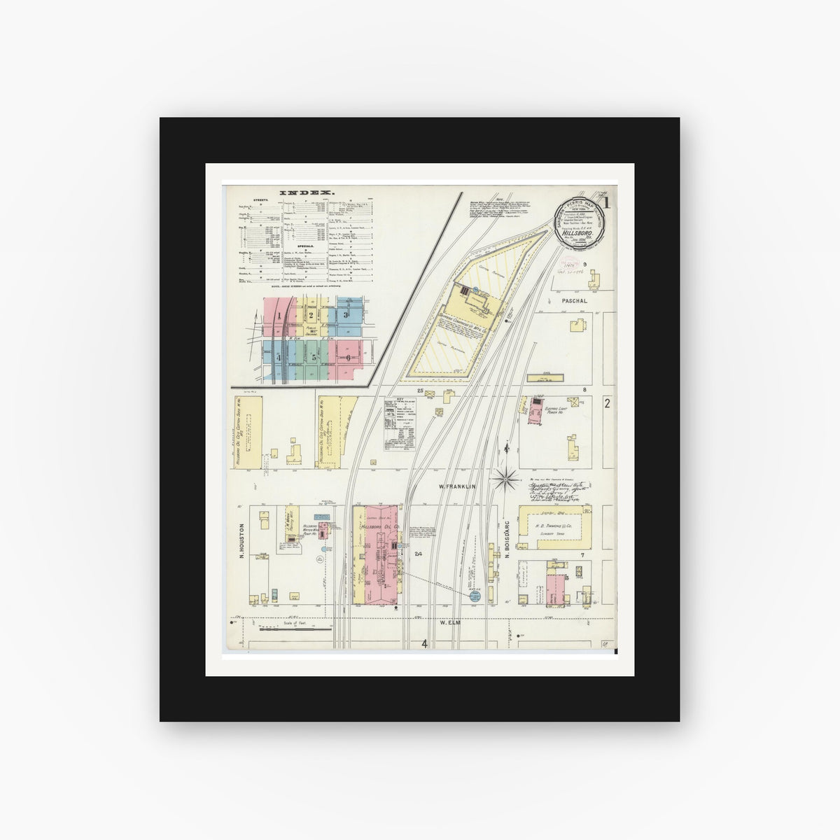 Old map wall art mockup — black gallery frame with white mat — Sanborn Fire Insurance Map from Hillsboro, Hill County, Texas (1896), Sheet #0001