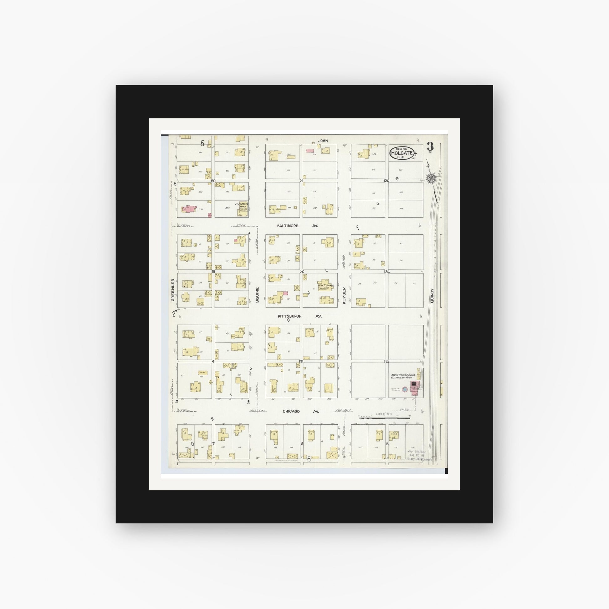 Old map wall art mockup — black gallery frame with white mat — Sanborn Fire Insurance Map from Holgate, Henry County, Ohio (1916), Sheet #0003