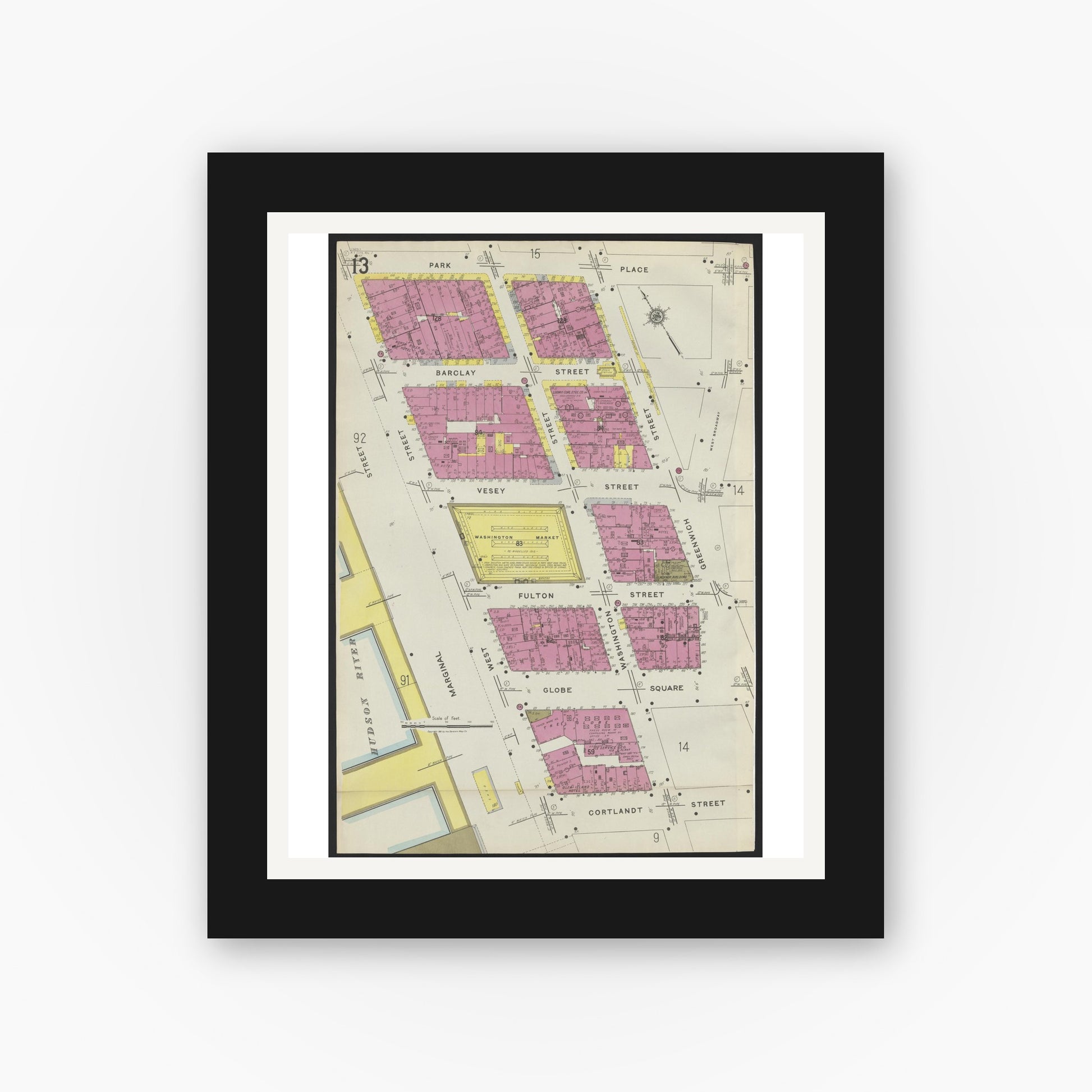 Old map wall art mockup — black gallery frame with white mat — Sanborn Fire Insurance Map from New York, Bronx, Manhattan, New York (1923), Sheet #0013