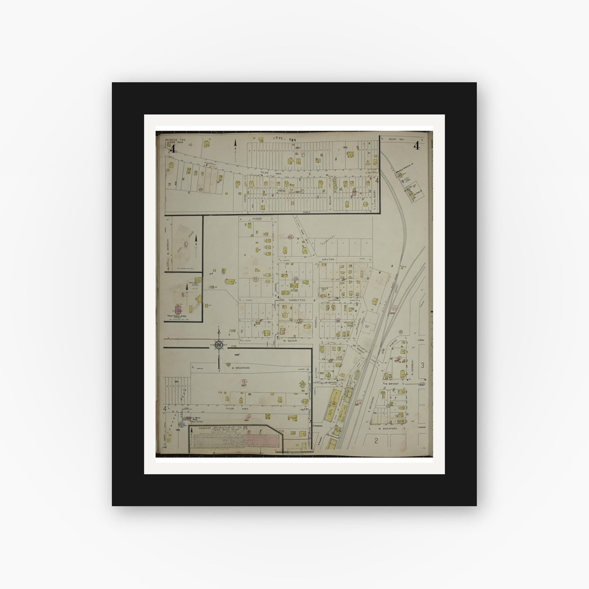 Old map wall art mockup — black gallery frame with white mat — Sanborn Fire Insurance Map from Troup, Smith County, Texas (1943), Sheet #0004