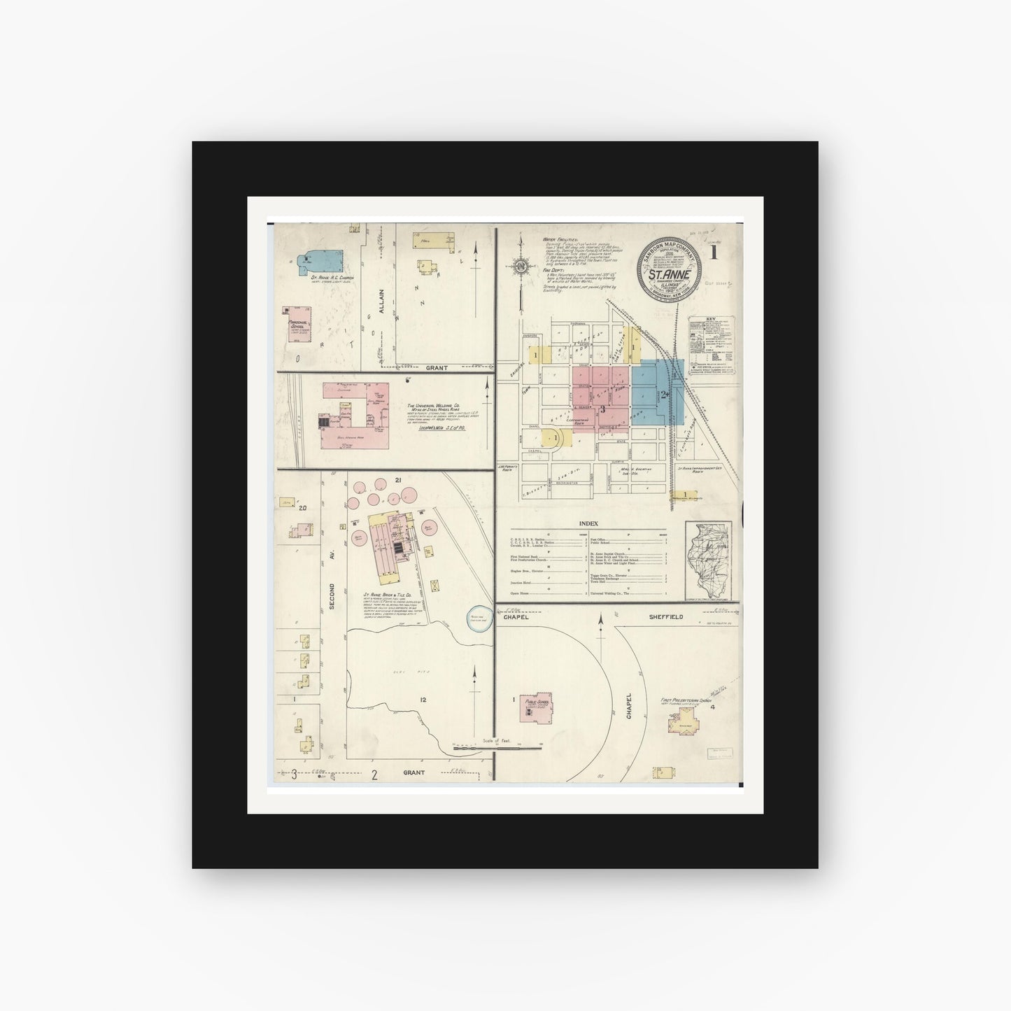 Old map wall art mockup — black gallery frame with white mat — Sanborn Fire Insurance Map from Saint Anne, Kankakee County, Illinois (1912) - Complete Map Set
