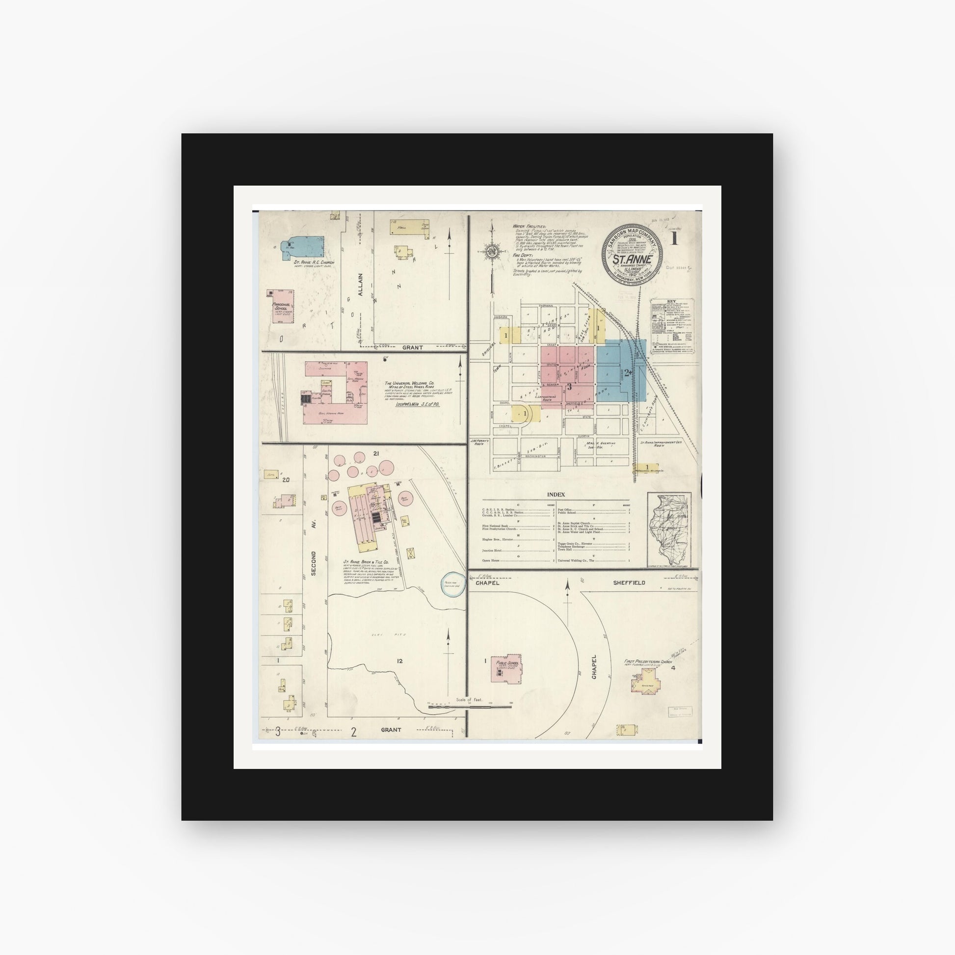 Old map wall art mockup — black gallery frame with white mat — Sanborn Fire Insurance Map from Saint Anne, Kankakee County, Illinois (1912) - Complete Map Set