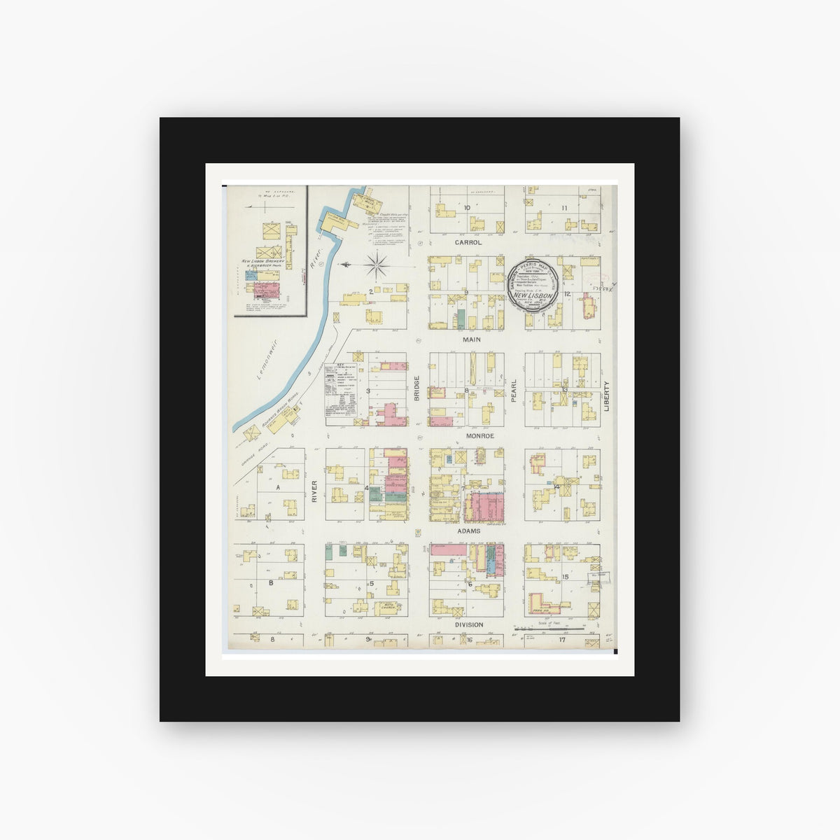 Old map wall art mockup — black gallery frame with white mat — Sanborn Fire Insurance Map from New Lisbon, Juneau County, Wisconsin (1892), Sheet #0001