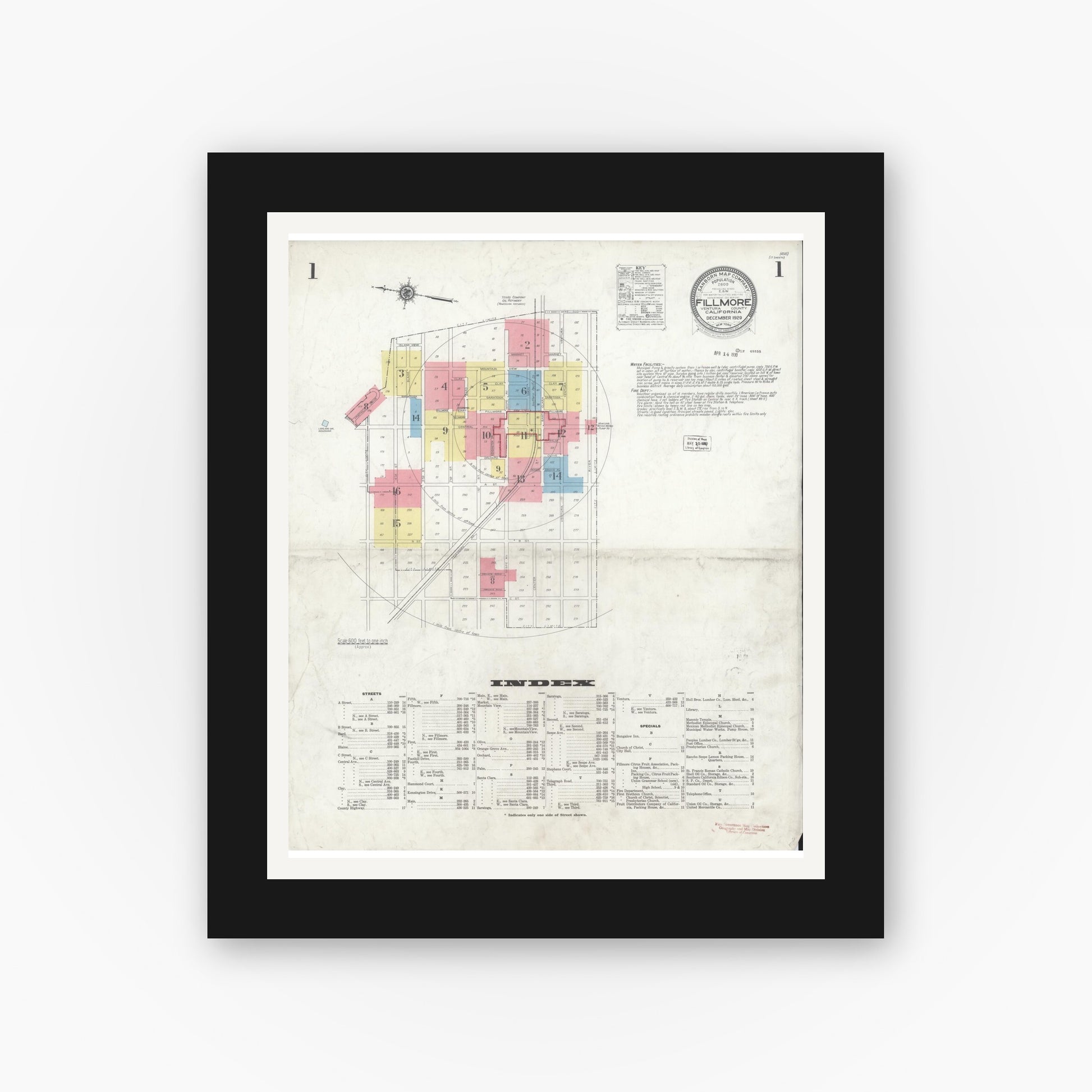Old map wall art mockup — black gallery frame with white mat — Sanborn Fire Insurance Map from Fillmore, Ventura County, California (1929) - Complete Map Set