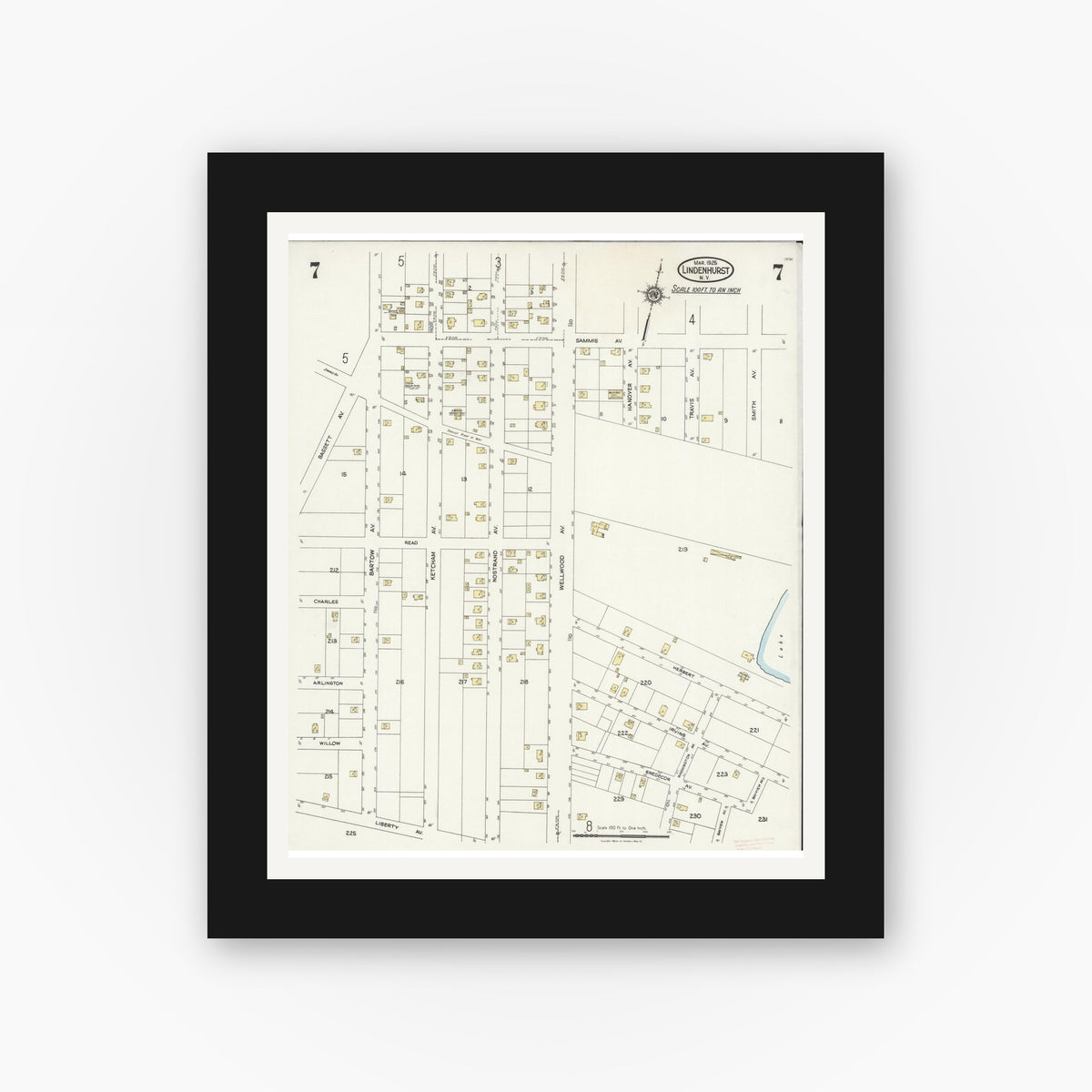 Old map wall art mockup — black gallery frame with white mat — Sanborn Fire Insurance Map from Lindenhurst, Suffolk County, New York (1925), Sheet #0007