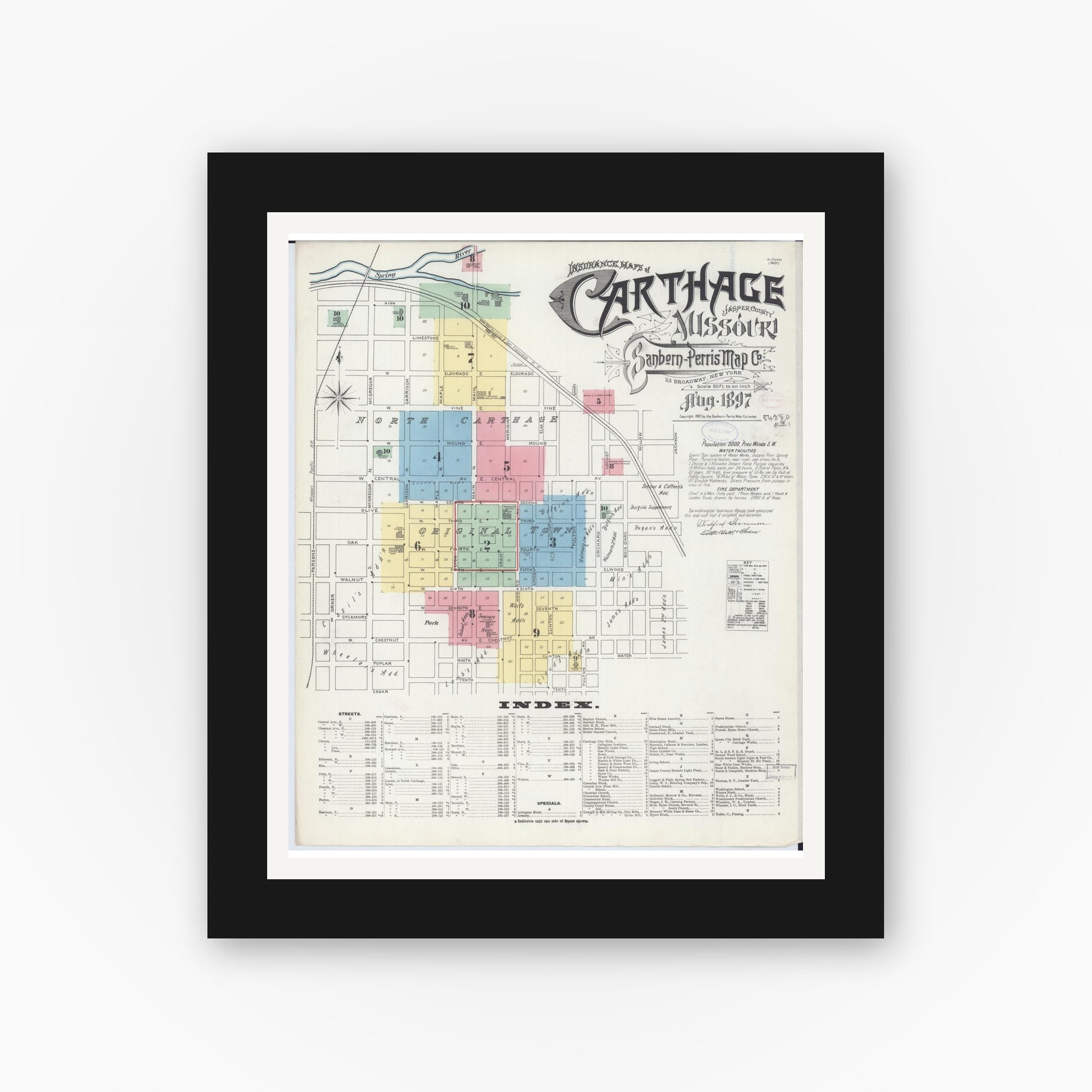 Old map wall art mockup — black gallery frame with white mat — Sanborn Fire Insurance Map from Carthage, Jasper County, Missouri (1897) - Complete Map Set