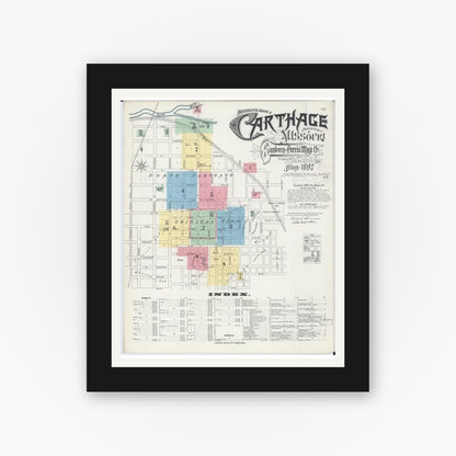 Old map wall art mockup — black gallery frame with white mat — Sanborn Fire Insurance Map from Carthage, Jasper County, Missouri (1897) - Complete Map Set
