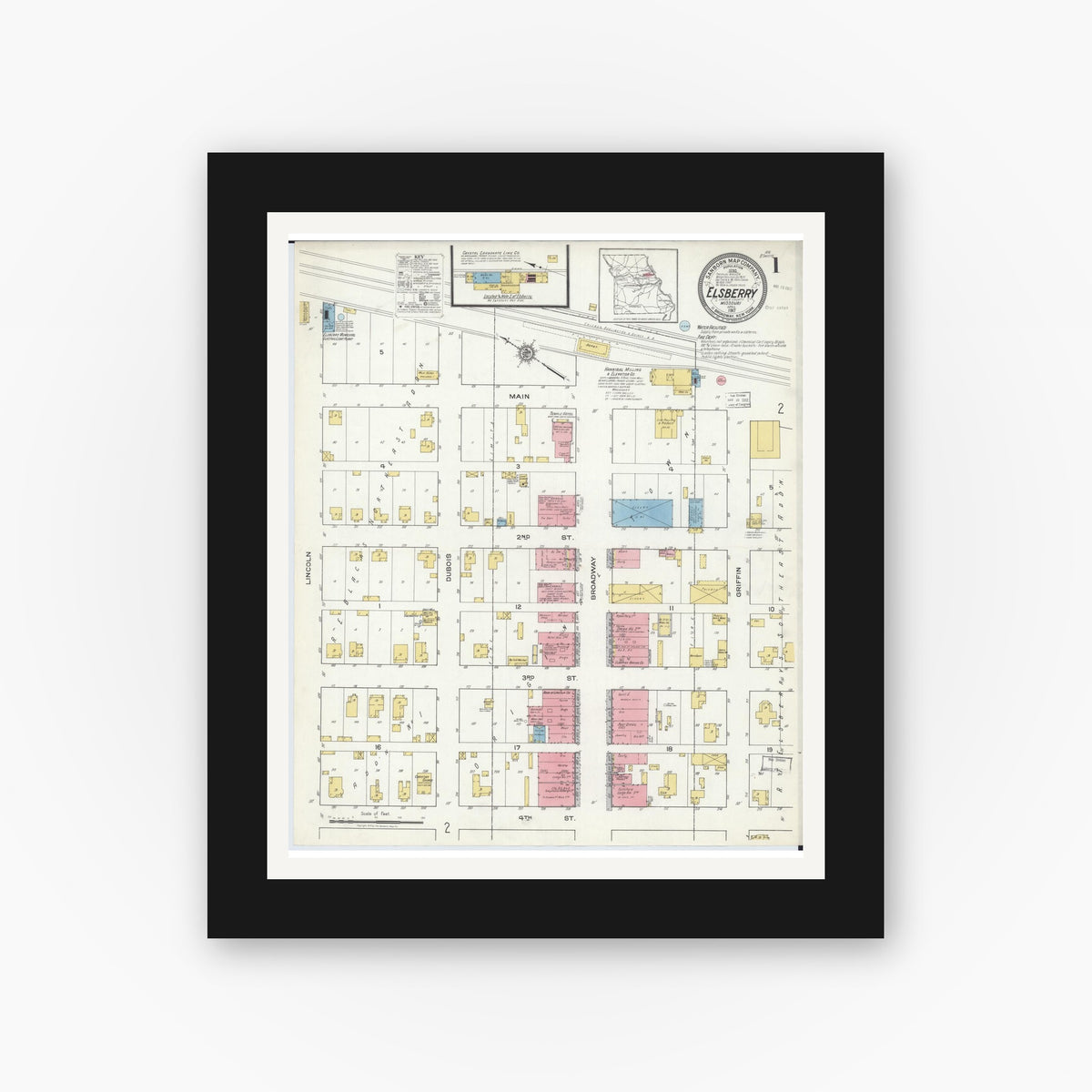 Old map wall art mockup — black gallery frame with white mat — Sanborn Fire Insurance Map from Elsberry, Lincoln County, Missouri (1917) - Complete Map Set
