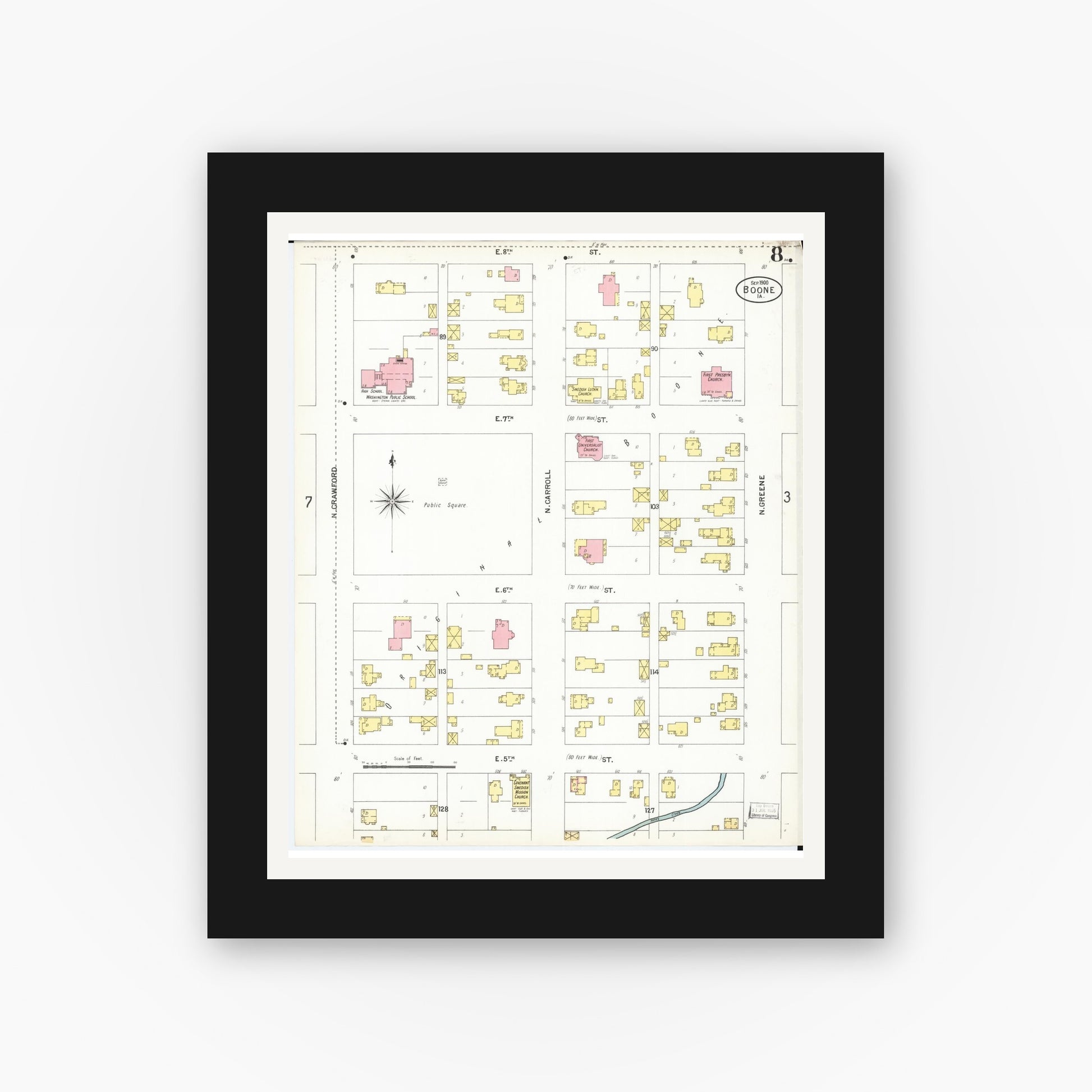 Old map wall art mockup — black gallery frame with white mat — Sanborn Fire Insurance Map from Boone, Boone County, Iowa (1900), Sheet #0008