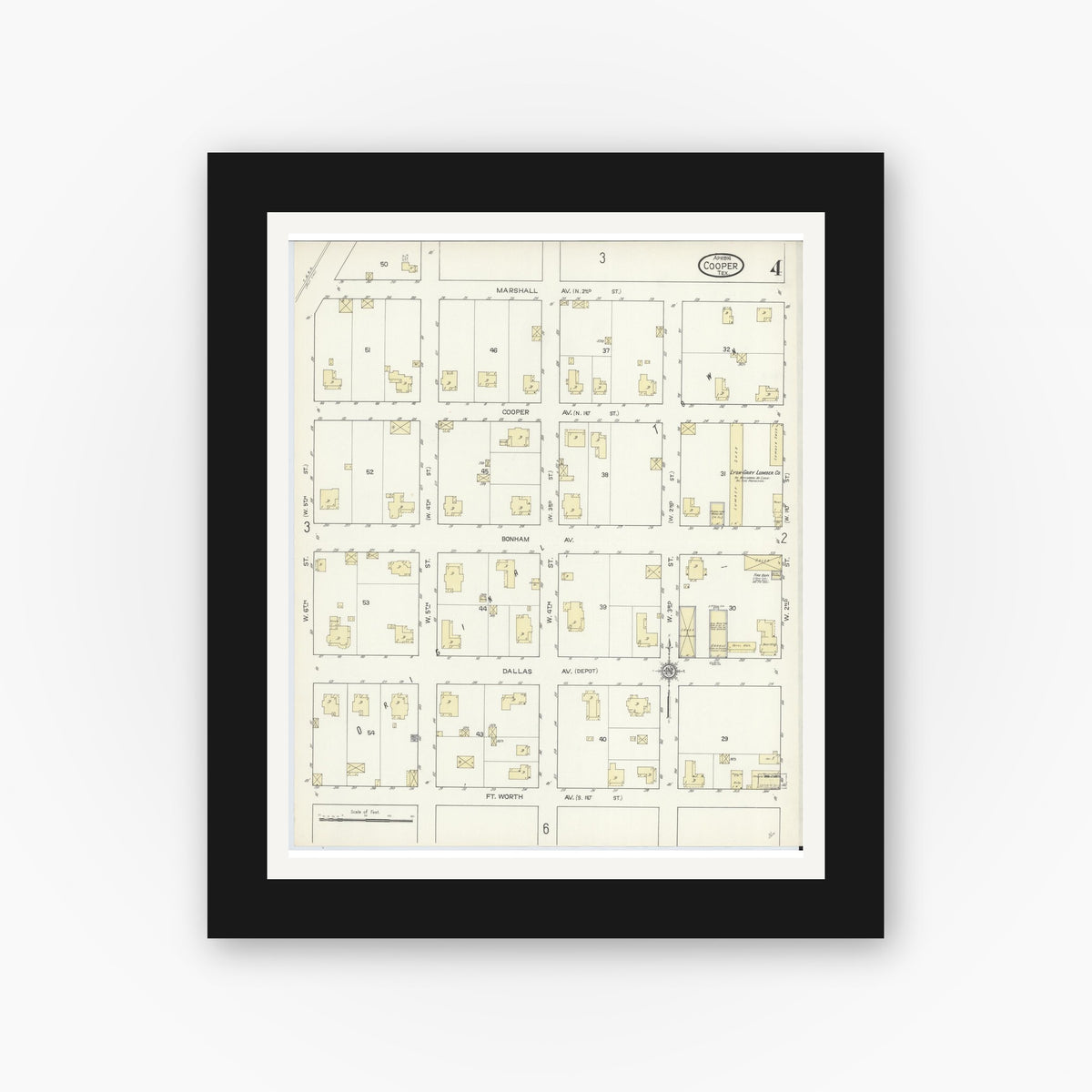 Old map wall art mockup — black gallery frame with white mat — Sanborn Fire Insurance Map from Cooper, Delta County, Texas (1914), Sheet #0004