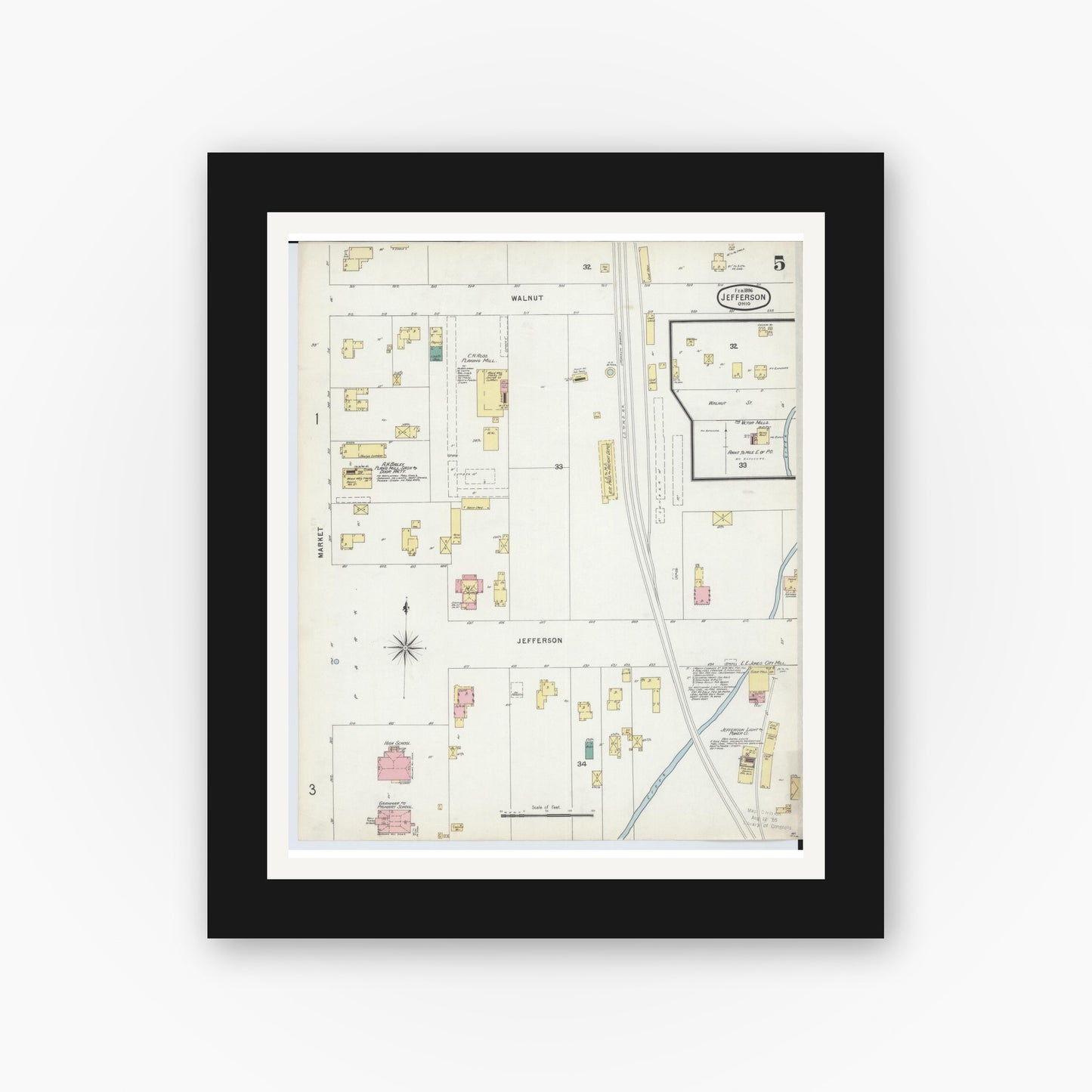 Old map wall art mockup — black gallery frame with white mat — Sanborn Fire Insurance Map from Jefferson, Ashtabula County, Ohio (1896), Sheet #0005