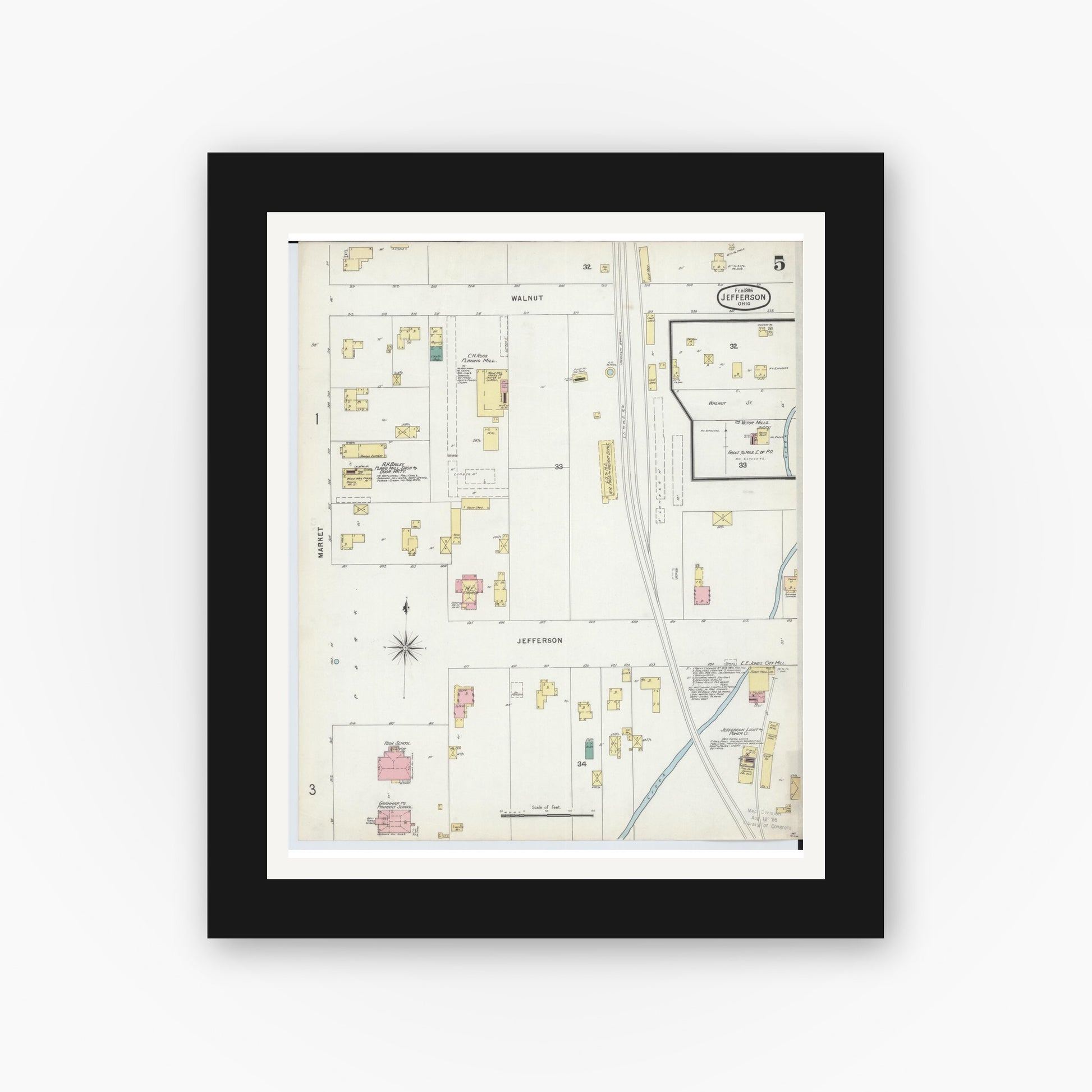 Old map wall art mockup — black gallery frame with white mat — Sanborn Fire Insurance Map from Jefferson, Ashtabula County, Ohio (1896), Sheet #0005