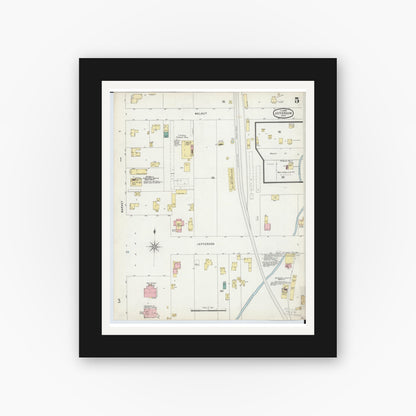 Old map wall art mockup — black gallery frame with white mat — Sanborn Fire Insurance Map from Jefferson, Ashtabula County, Ohio (1896), Sheet #0005