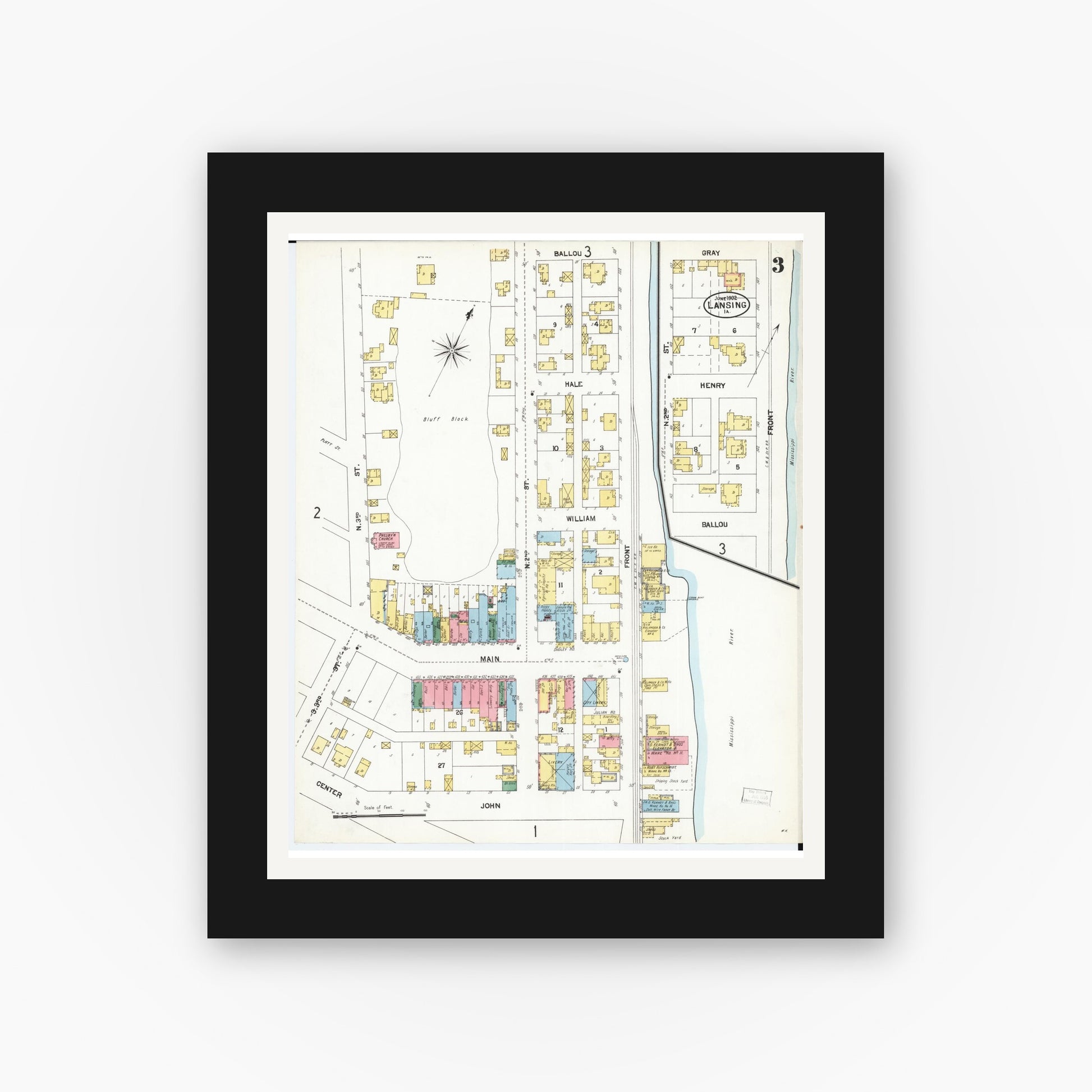 Old map wall art mockup — black gallery frame with white mat — Sanborn Fire Insurance Map from Lansing, Allamakee County, Iowa (1902), Sheet #0003