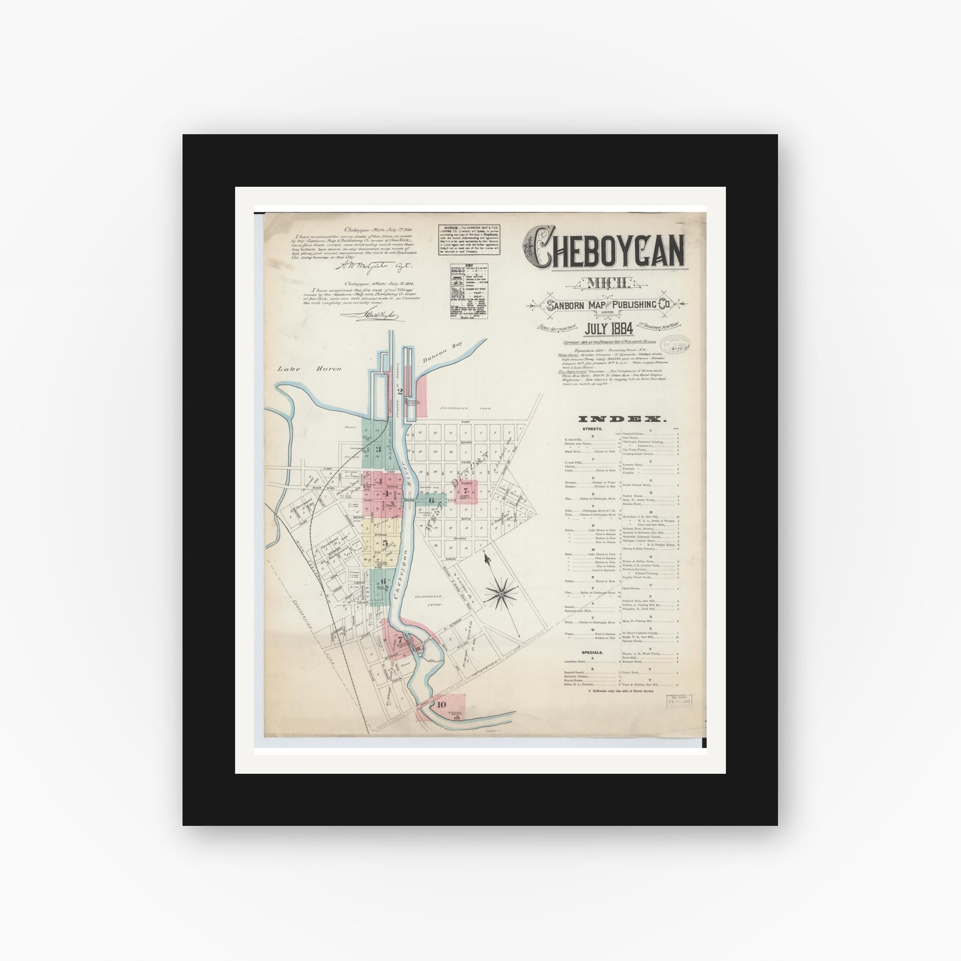 Old map wall art mockup — black gallery frame with white mat — Sanborn Fire Insurance Map from Cheboygan, Cheboygan County, Michigan (1884), Sheet #0001
