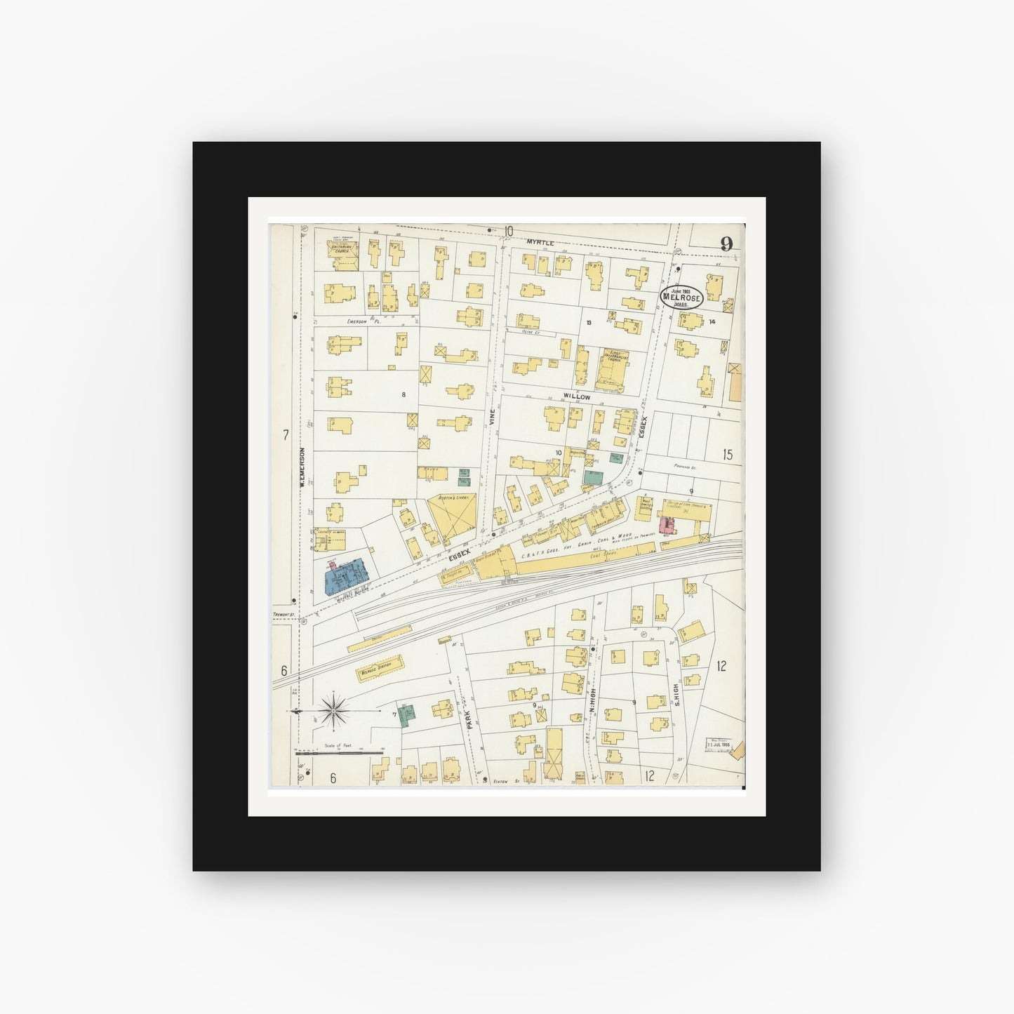 Old map wall art mockup — black gallery frame with white mat — Sanborn Fire Insurance Map from Melrose, Middlesex County, Massachusetts (1903), Sheet #0009