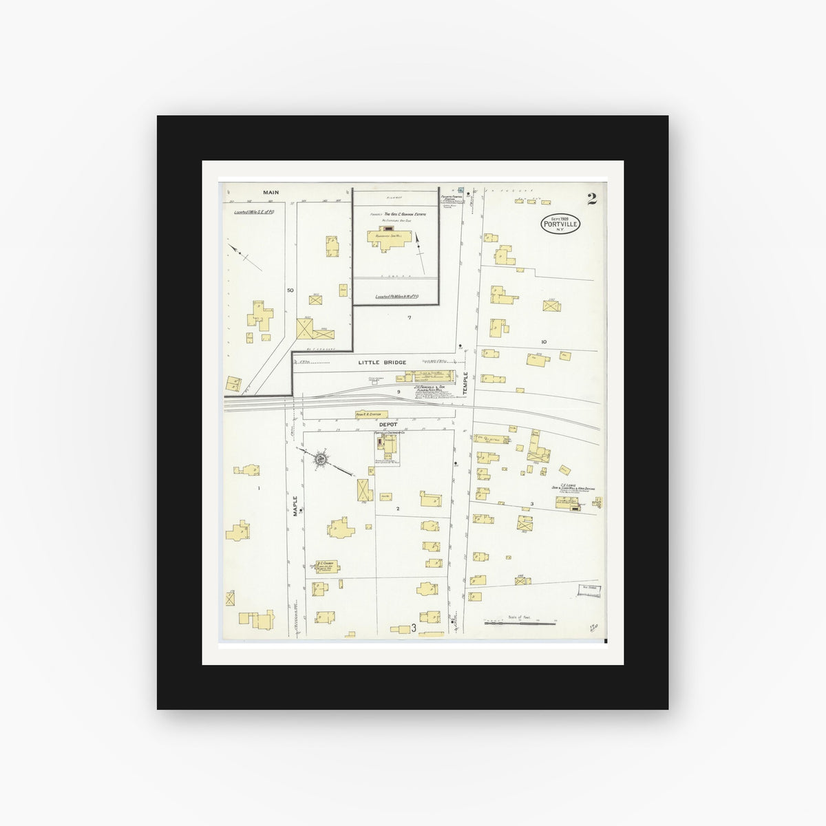 Old map wall art mockup — black gallery frame with white mat — Sanborn Fire Insurance Map from Portville, Cattaraugus County, New York (1909), Sheet #0002
