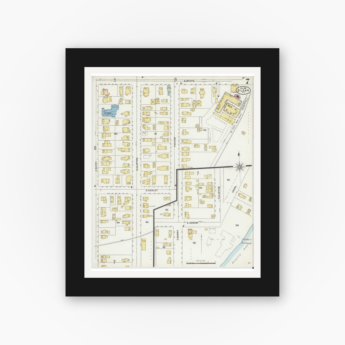 Old map wall art mockup — black gallery frame with white mat — Sanborn Fire Insurance Map from Olean, Cattaraugus County, New York (1898), Sheet #0007