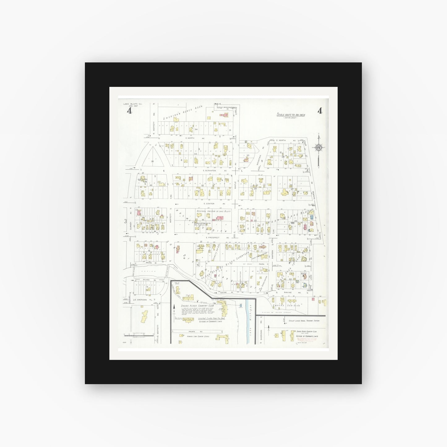 Old map wall art mockup — black gallery frame with white mat — Sanborn Fire Insurance Map from Lake Bluff, Lake County, Illinois (1937), Sheet #0004