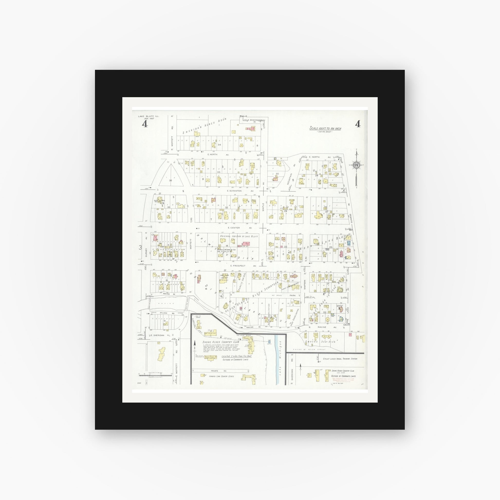 Old map wall art mockup — black gallery frame with white mat — Sanborn Fire Insurance Map from Lake Bluff, Lake County, Illinois (1937), Sheet #0004