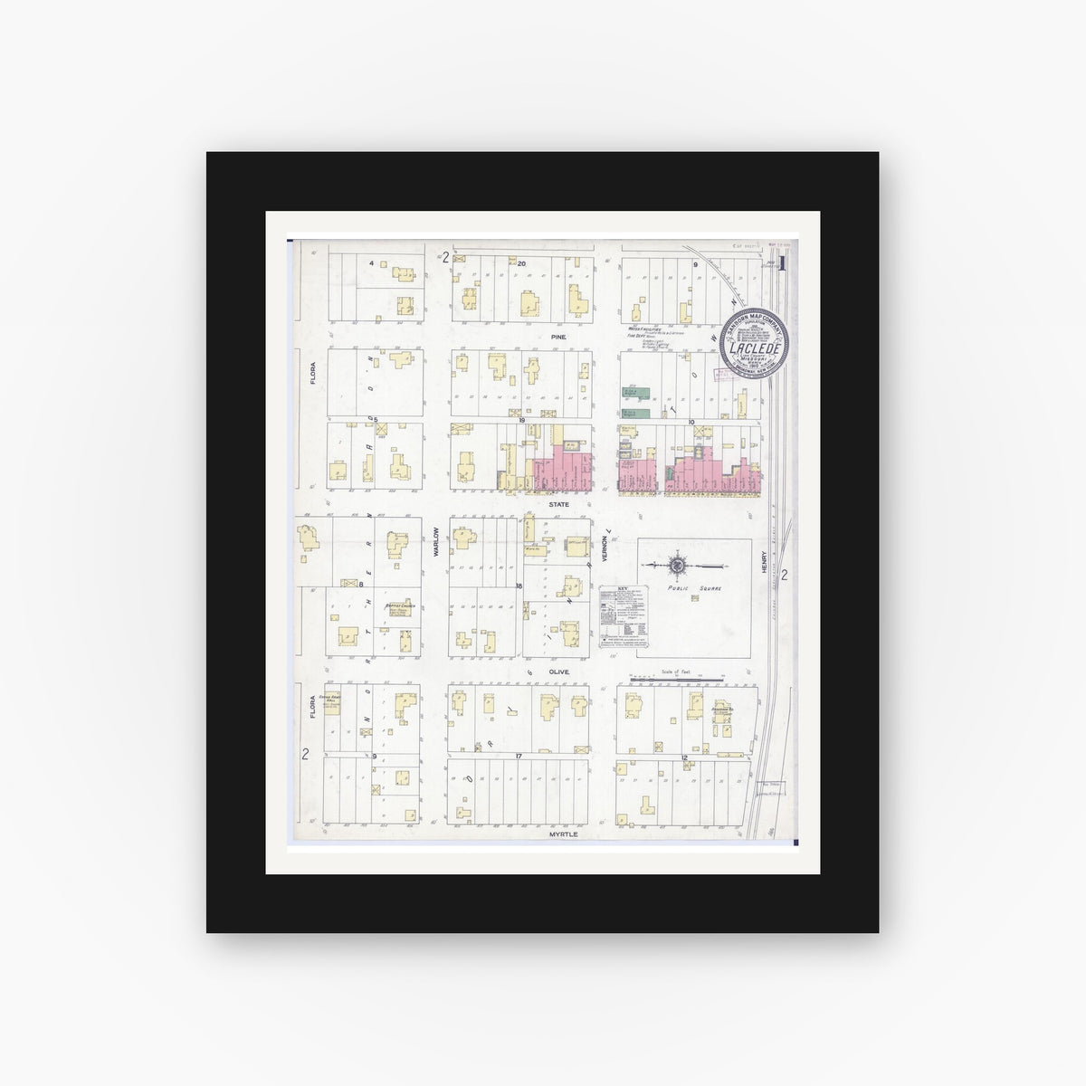 Old map wall art mockup — black gallery frame with white mat — Sanborn Fire Insurance Map from Laclede, Linn County, Missouri (1910) - Complete Map Set
