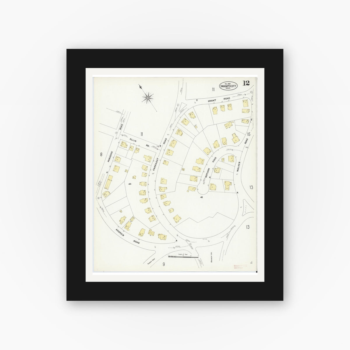 Old map wall art mockup — black gallery frame with white mat — Sanborn Fire Insurance Map from Swampscott, Essex County, Massachusetts (1907), Sheet #0012