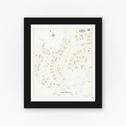 Old map wall art mockup — black gallery frame with white mat — Sanborn Fire Insurance Map from Swampscott, Essex County, Massachusetts (1907), Sheet #0012
