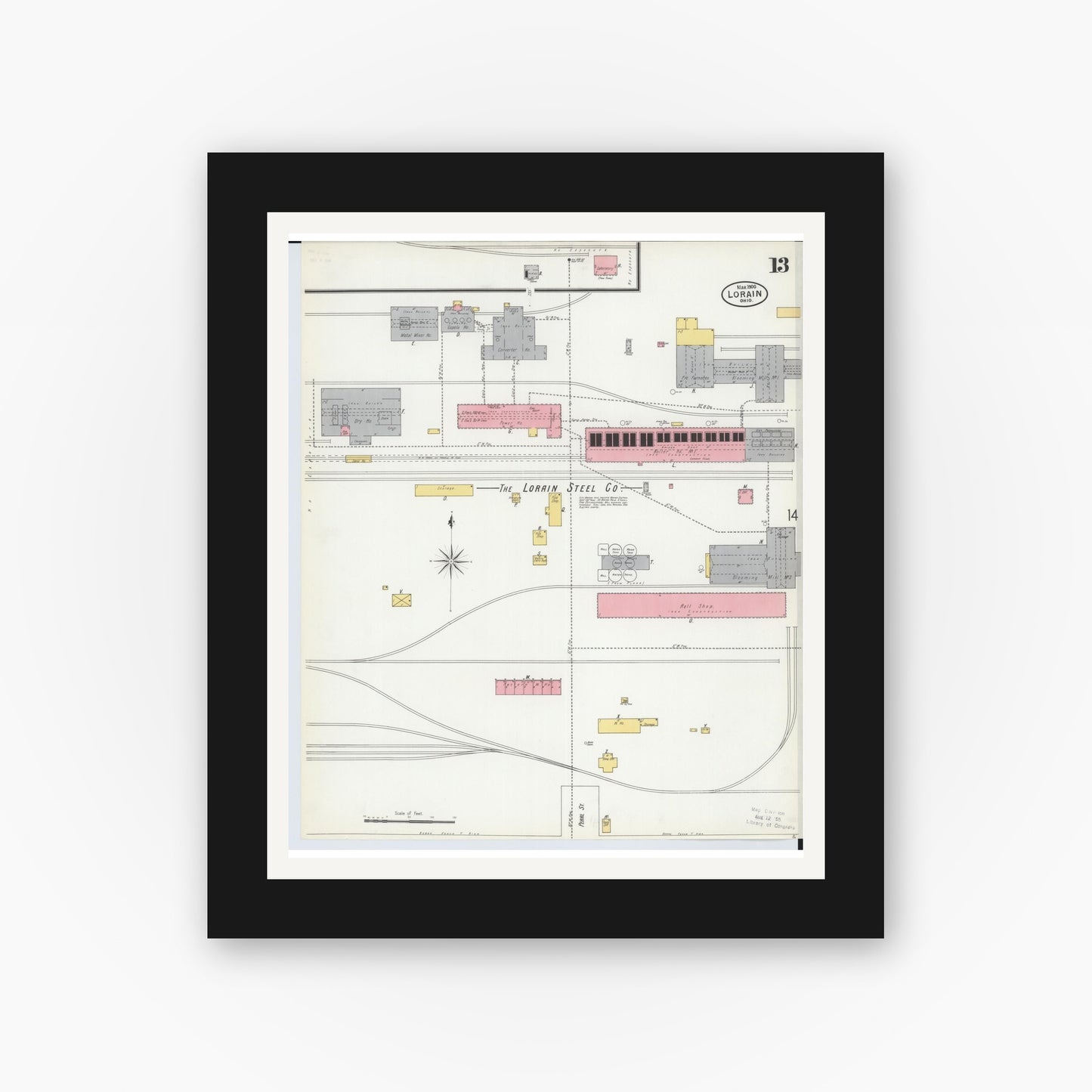 Old map wall art mockup — black gallery frame with white mat — Sanborn Fire Insurance Map from Lorain, Lorain County, Ohio (1900), Sheet #0013