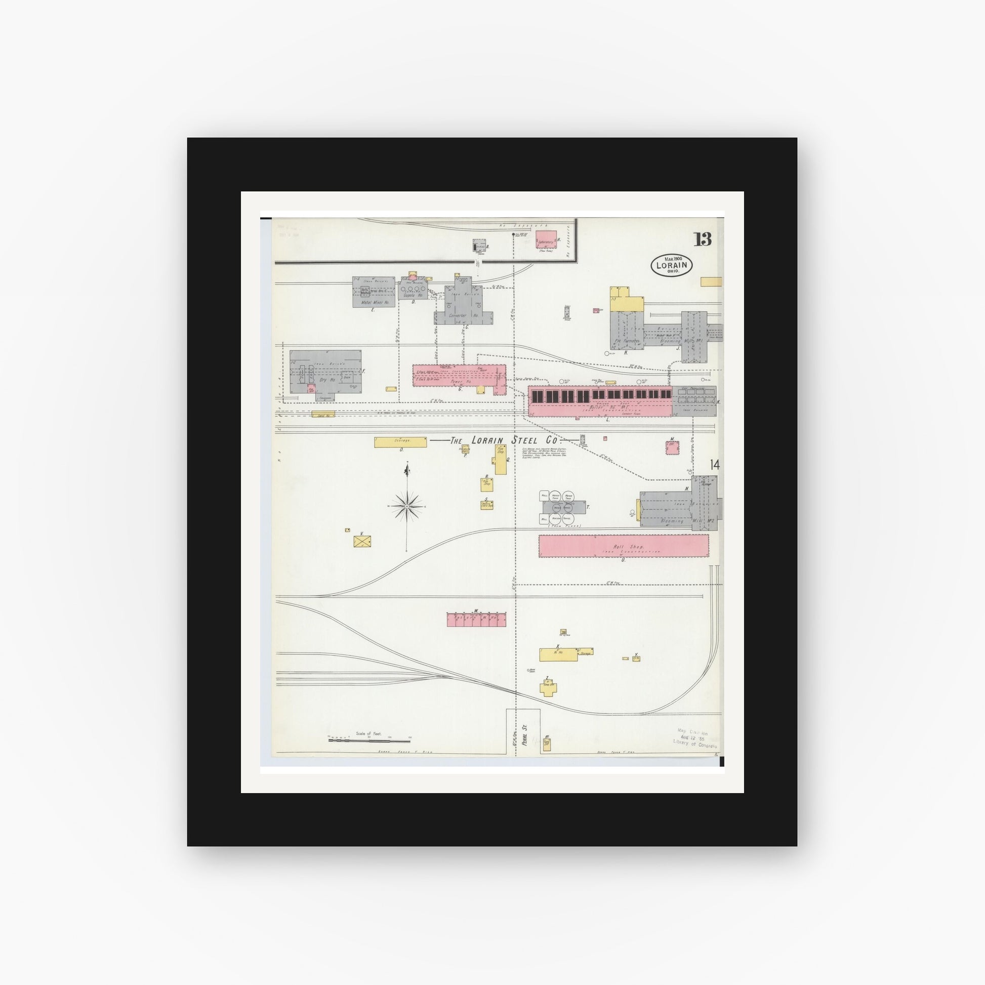 Old map wall art mockup — black gallery frame with white mat — Sanborn Fire Insurance Map from Lorain, Lorain County, Ohio (1900), Sheet #0013
