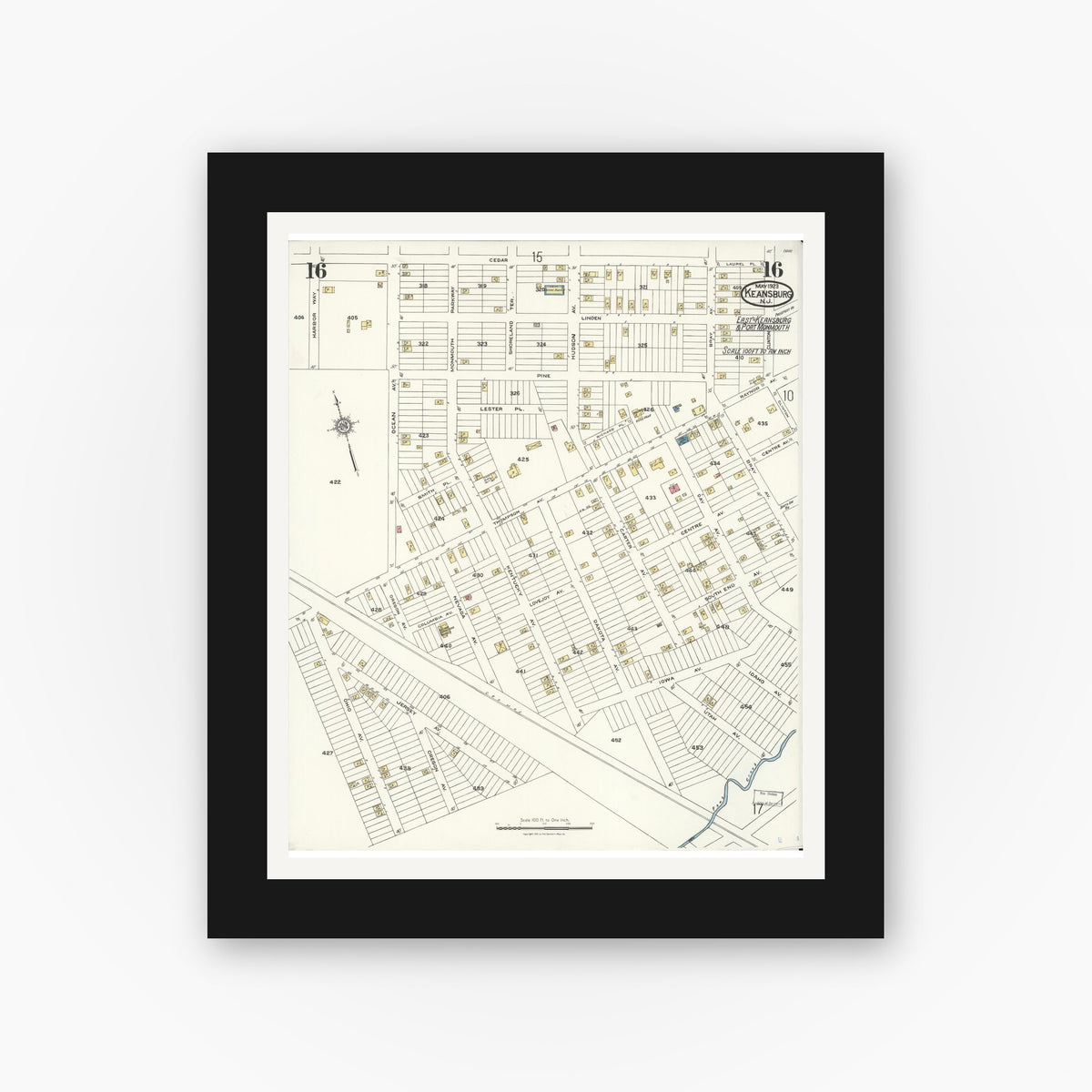Old map wall art mockup — black gallery frame with white mat — Sanborn Fire Insurance Map from Keansburg, Monmouth County, New Jersey (1923), Sheet #0016