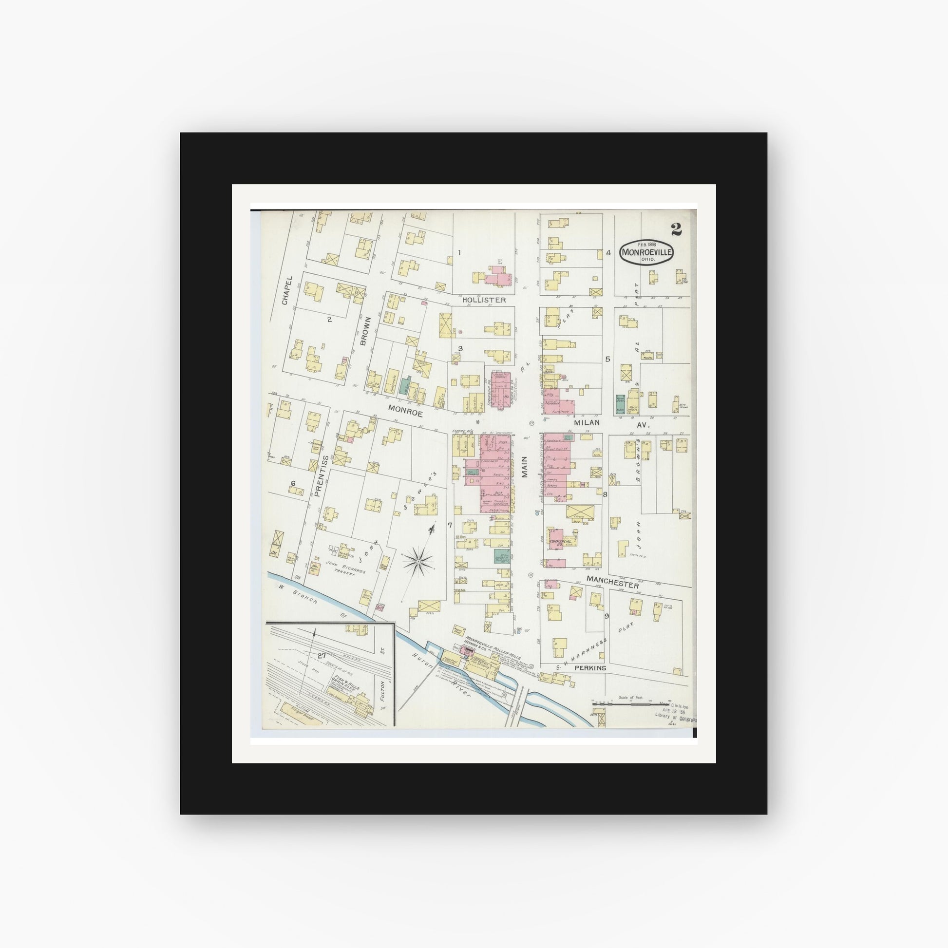 Old map wall art mockup — black gallery frame with white mat — Sanborn Fire Insurance Map from Monroeville, Huron County, Ohio (1893), Sheet #0002