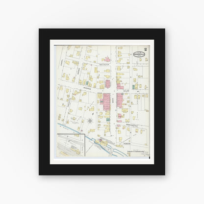 Old map wall art mockup — black gallery frame with white mat — Sanborn Fire Insurance Map from Monroeville, Huron County, Ohio (1893), Sheet #0002