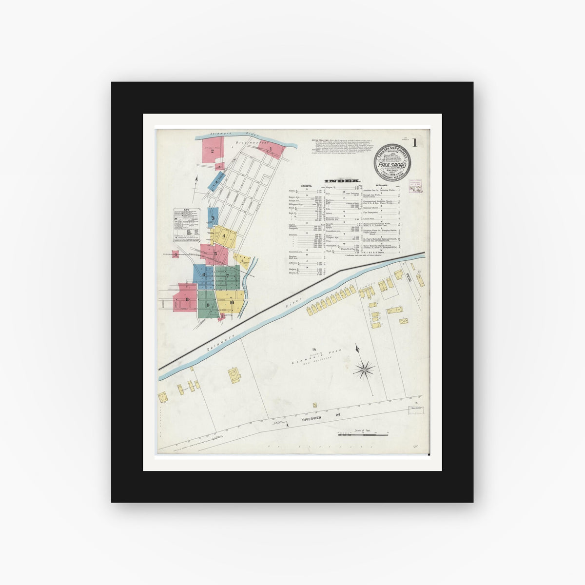 Old map wall art mockup — black gallery frame with white mat — Sanborn Fire Insurance Map from Paulsboro, Gloucester County, New Jersey (1909), Sheet #0001