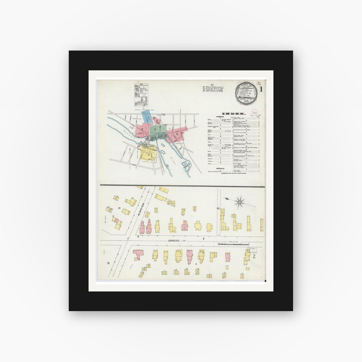 Old map wall art mockup — black gallery frame with white mat — Sanborn Fire Insurance Map from Baldwinsville, Onondaga County, New York (1896) - Complete Map Set
