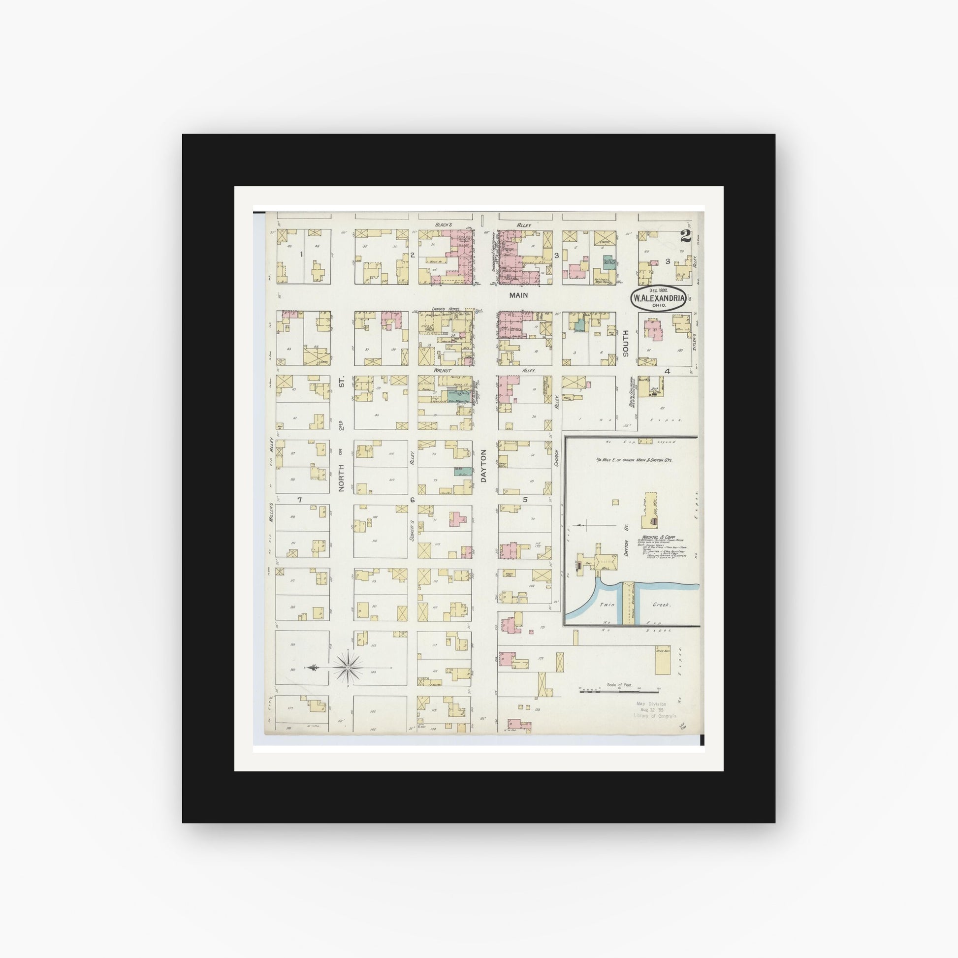 Old map wall art mockup — black gallery frame with white mat — Sanborn Fire Insurance Map from West Alexandria, Preble County, Ohio (1892), Sheet #0002