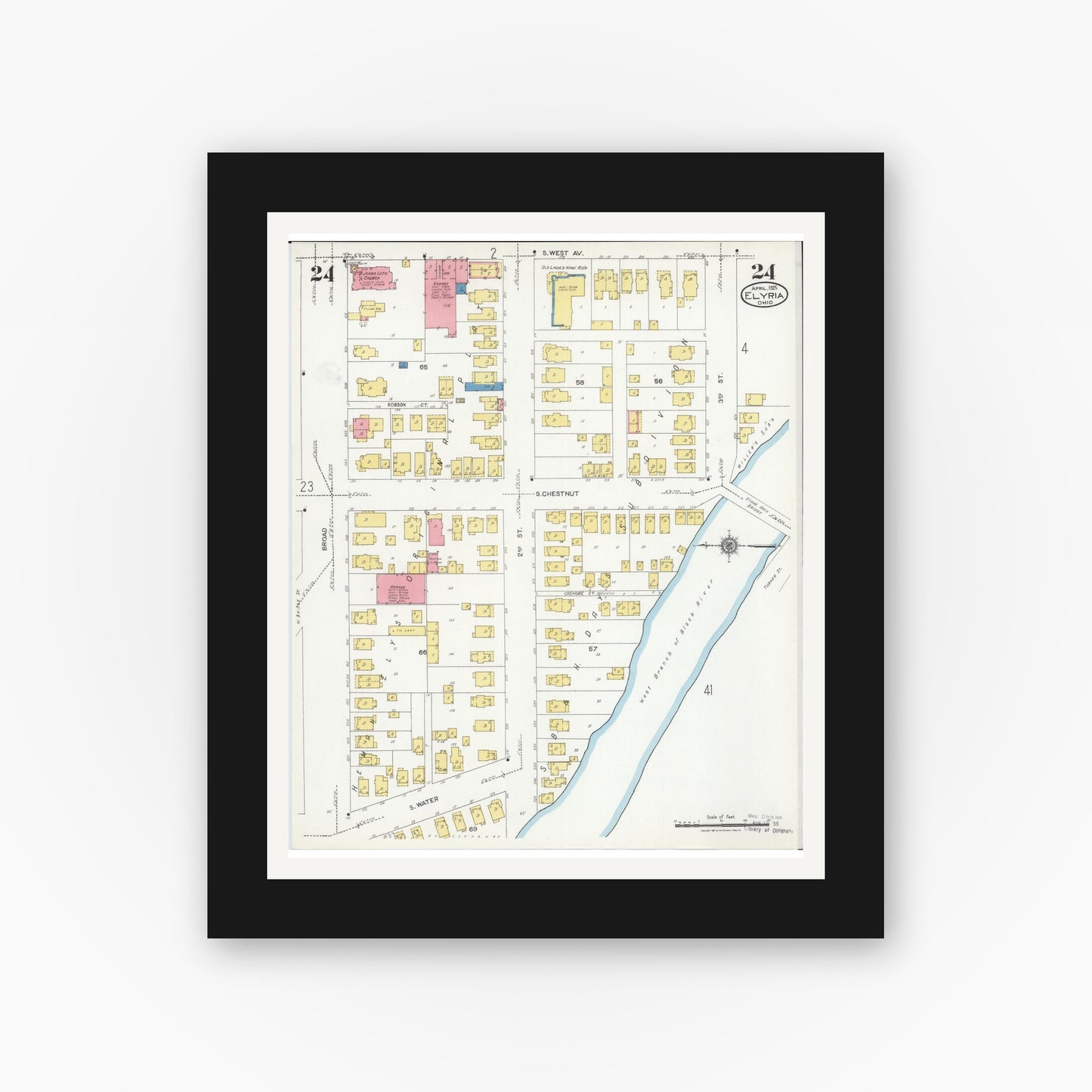 Old map wall art mockup — black gallery frame with white mat — Sanborn Fire Insurance Map from Elyria, Lorain County, Ohio (1925), Sheet #0024