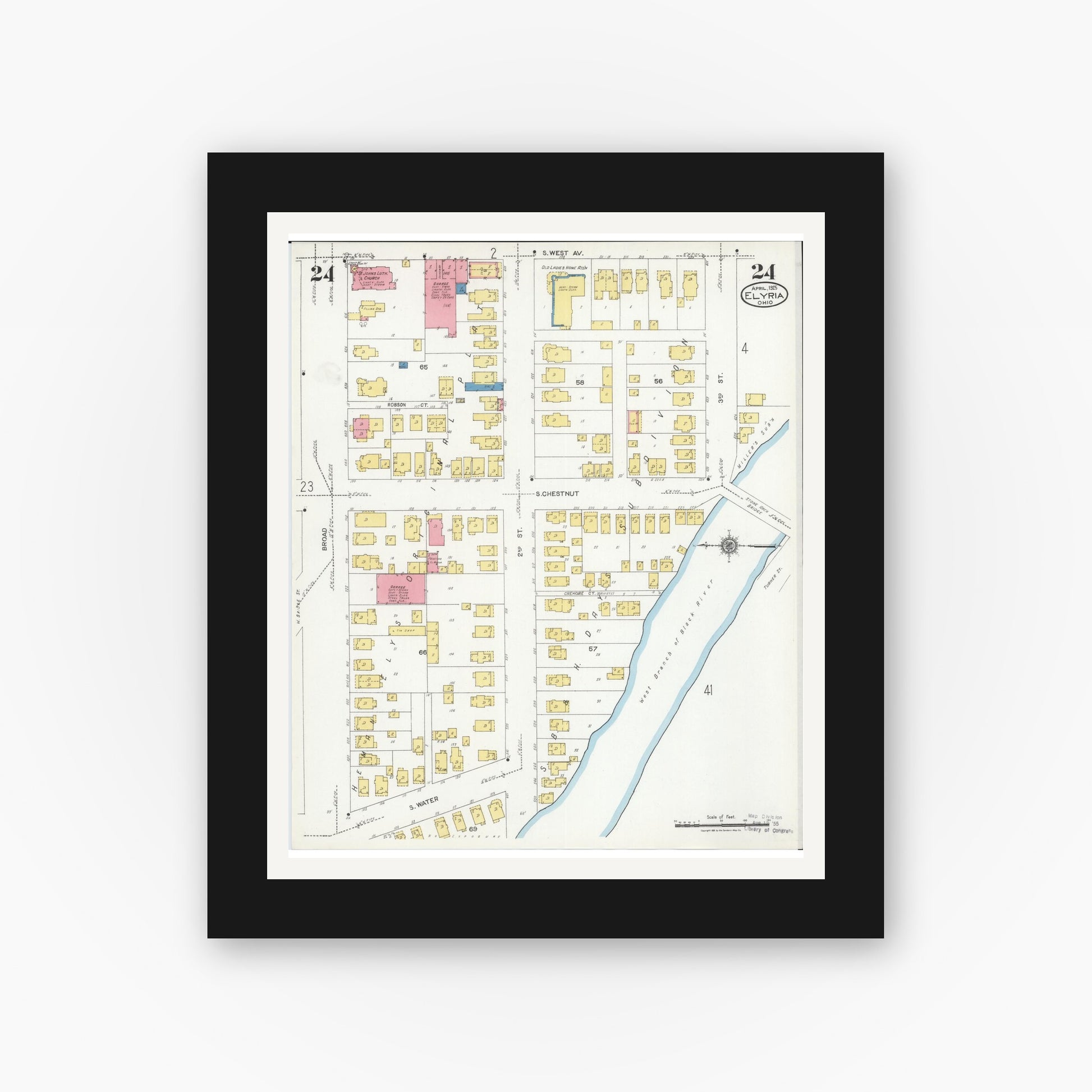 Old map wall art mockup — black gallery frame with white mat — Sanborn Fire Insurance Map from Elyria, Lorain County, Ohio (1925), Sheet #0024