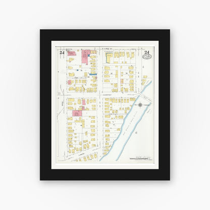 Old map wall art mockup — black gallery frame with white mat — Sanborn Fire Insurance Map from Elyria, Lorain County, Ohio (1925), Sheet #0024