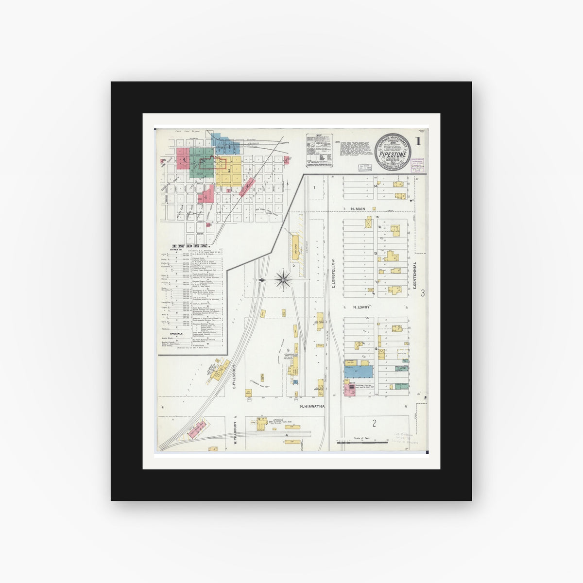 Old map wall art mockup — black gallery frame with white mat — Sanborn Fire Insurance Map from Pipestone, Pipestone County, Minnesota (1904) - Complete Map Set